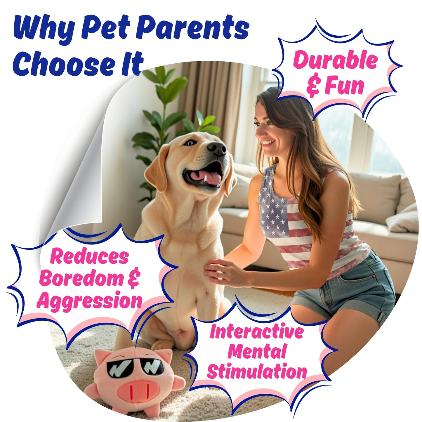 3 in 1 Squeaky Soft Plush Durable Dog Chew Toy for Aggressive Chewers, No Stuffing Interactive Tough Rip & Reveal Crinkle Pink Pig Ball in Gift Box, Puppy, Small & Large Breed Pets Birthday Present