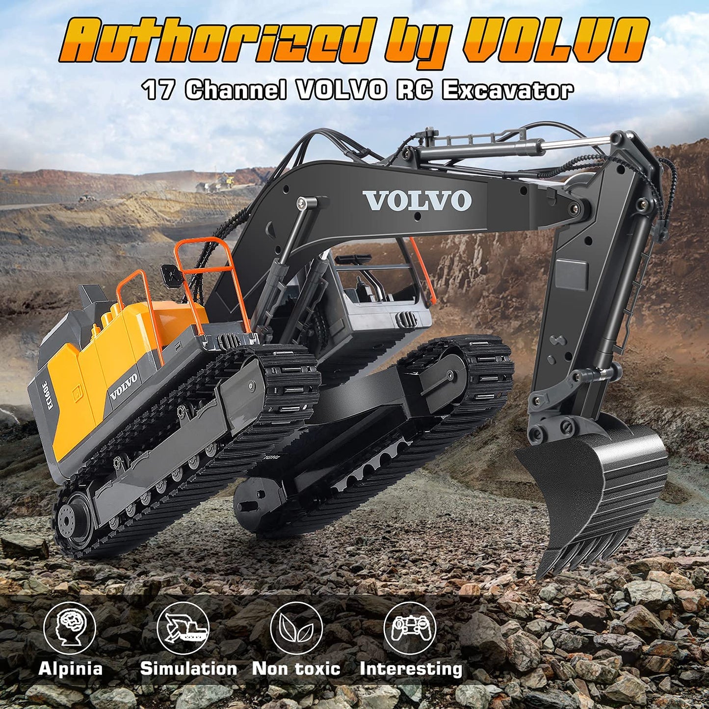Double E Volvo 1:16 Scale Remote Control Excavator, 17 Channel 3-in-1 Construction Toy with Metal Shovel, Drill, Grab & Lights, 2.4GHz Full Function Digger for Outdoor Sandbox, Gift for Kids & Adults