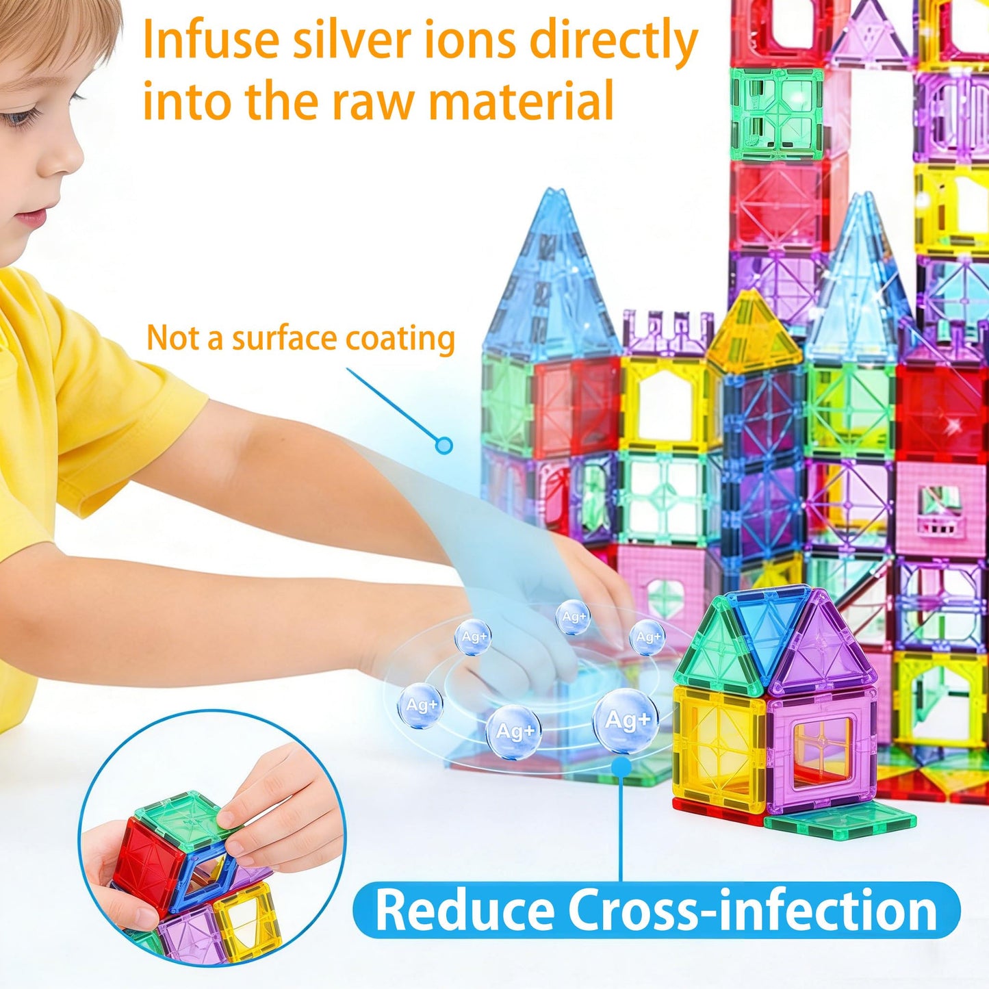 HAPPYMATY Upgraded Antibacterial Magnetic Tiles 124PCS, Including 4 Large Square Tiles, Magnetic Building Blocks, Inhibits Bacterial Growth for Healthier and Safer Play, STEM Educational Toys Set