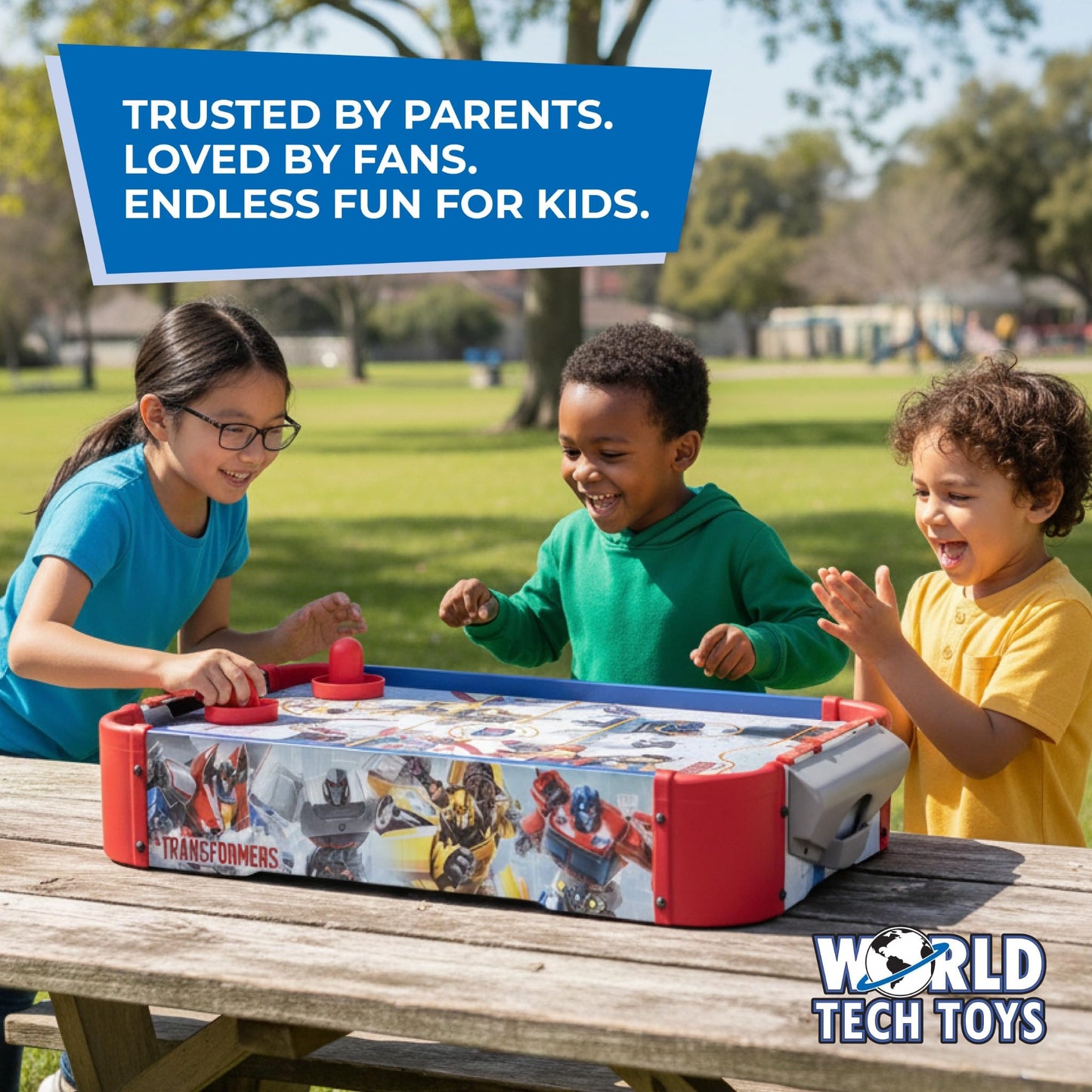 World Tech Toys Transformers Air Hockey Table for Kids - Wooden Tabletop Game with Puck, Pushers & Air Flow System - Hasbro Licensed - Kids 4+