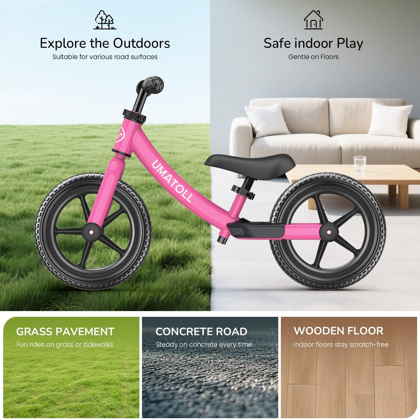 Umatoll Toddler Balance Bike 2 Year Old, Kids Bike Toy for 18 Months to 5 Years Old, Tool-Free Adjustment, Birthday Gifts for 2-3 Boys Girls, No Pedal (Rose Pink)
