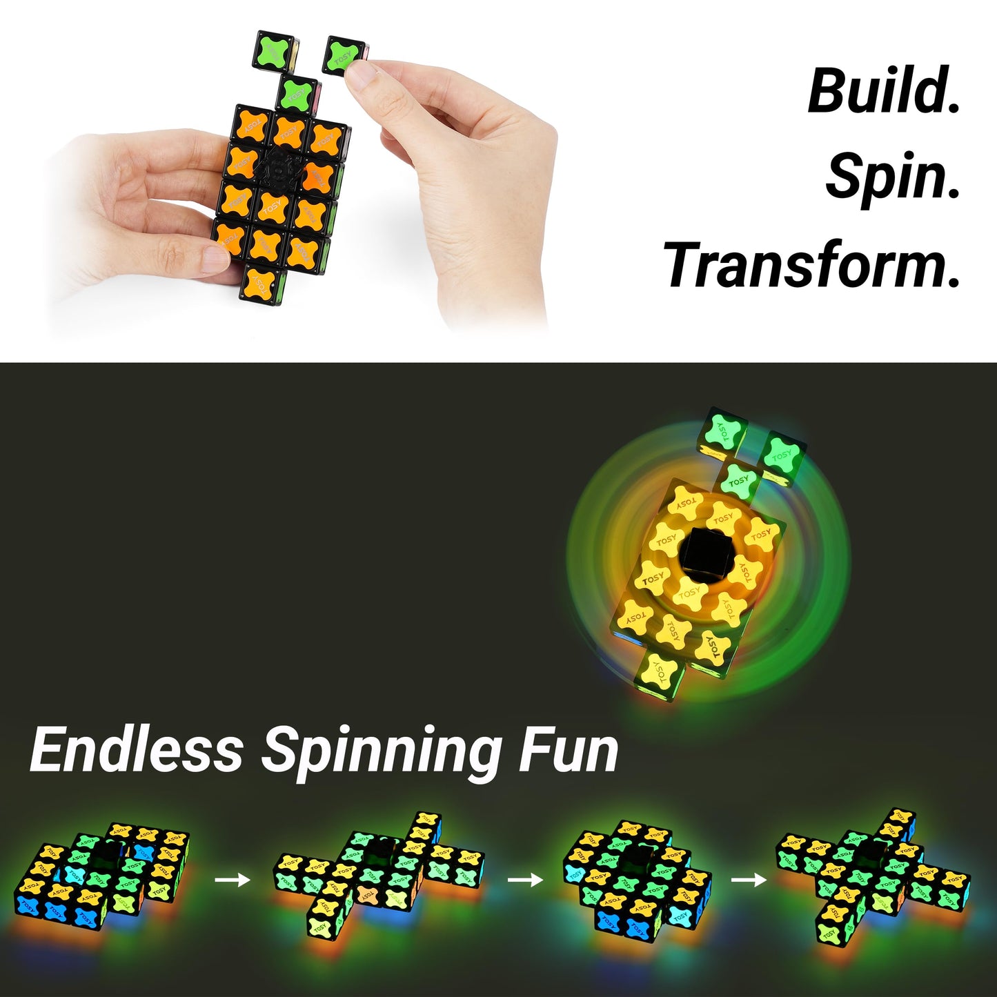 TOSY Magnet Fidget Spinner Glow - 16 Blocks, 3in1 Toy: Transformable Fidget Spinner, Infinity/Puzzle Cube, Easter Basket Stuffers Gift for Kids/Adults, Glowing STEM Sensory Stress Relief, 2-Pack