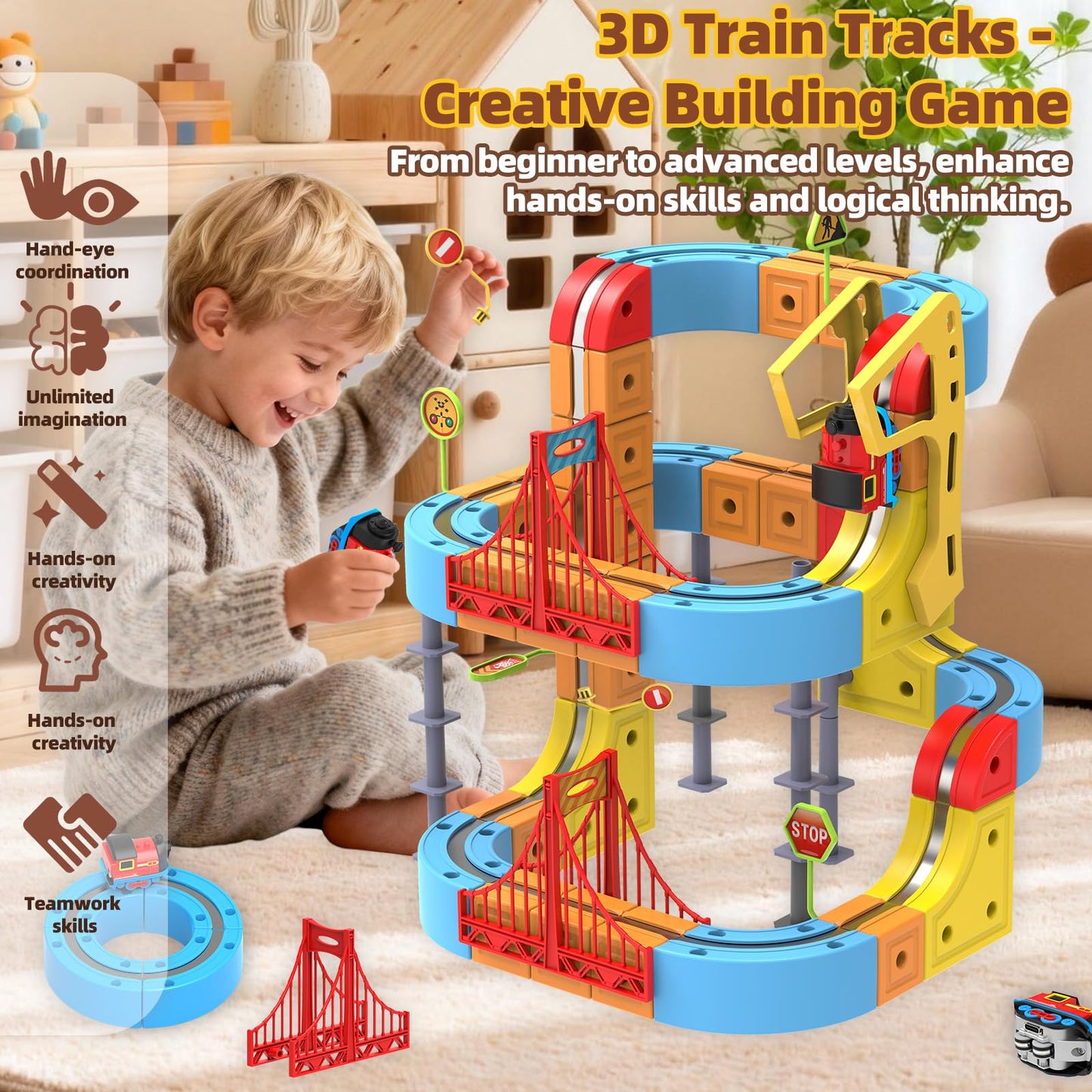 Electric Train Set 3D Track for Kids 3-8 Years Old, 88 Pcs Building Toy Train Track 3D Anti-Gravity Flexible Race Tracks,Motorized Train with Gravity-Defying 360°,Gravity, Educational Toy Birthday