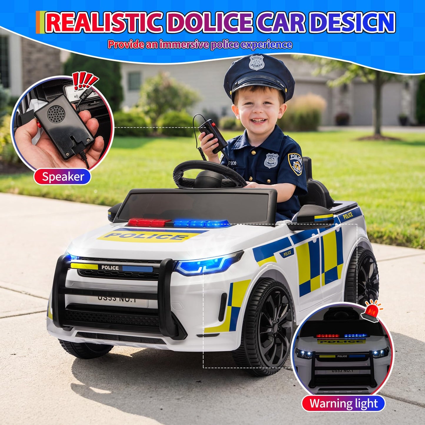 GarveeLife 12V Police Car Ride on Electric Car for Kids, Battery Powered Ride-on Toys with Remote Control, Speaker, Flashing Lights, Music, Headlights, Spring Suspension, Gift for Boy Girl 3-8, White