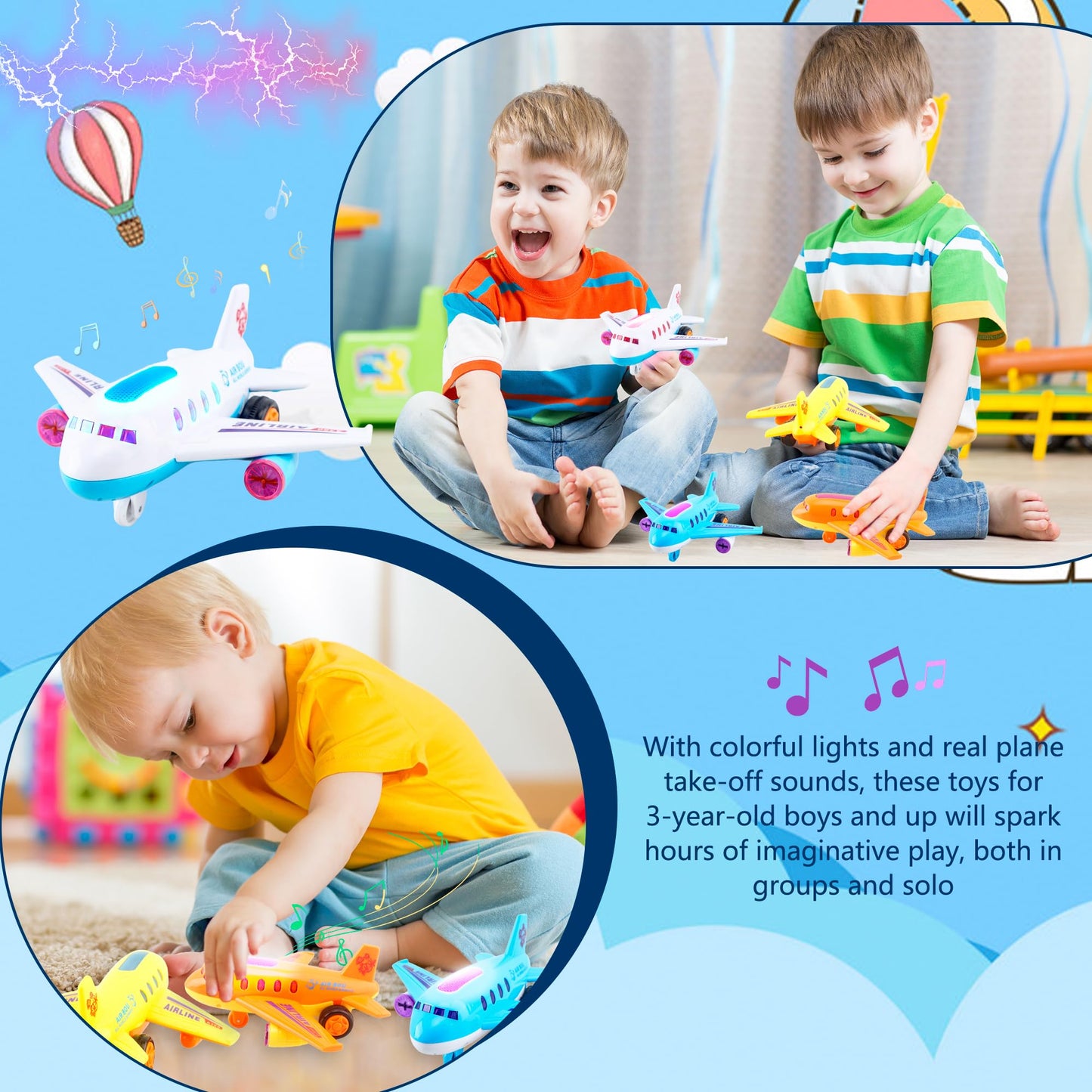 Drayear 4 Pack Light Up Airplane Toys Friction Powered Push Airplane Toy with Lights and Sounds for Kids Birthday Christmas Children's Day Gift Early Educational Toys