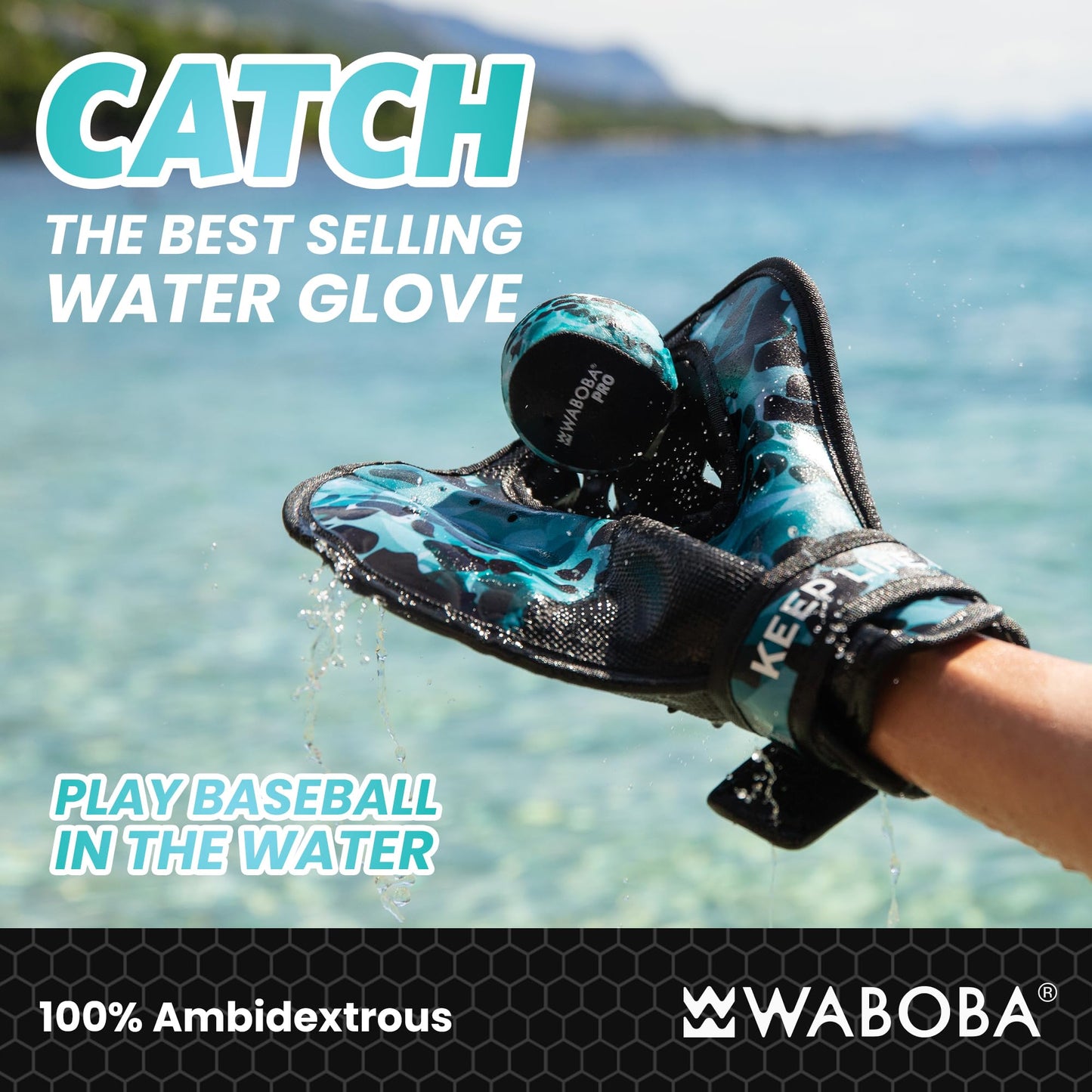 Waboba Catch Water Glove Pro Water Bouncing Ball Set - for Beach Games & Swimming Pool Toys – Baseball Style Mitt for Catching Water Balls – One Size Ambidextrous Design