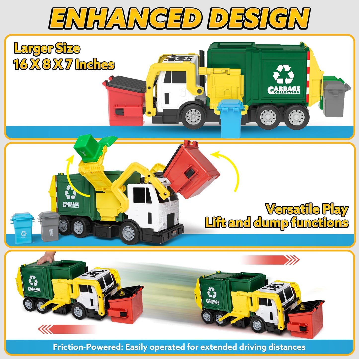 JOYIN Large Friction Powered Garbage Truck Toy Set, Includes 1 Dumpster, 3 Trash Bins, and 30 Learning Cards for Kids, Boy Toys Birthday Gift, Green
