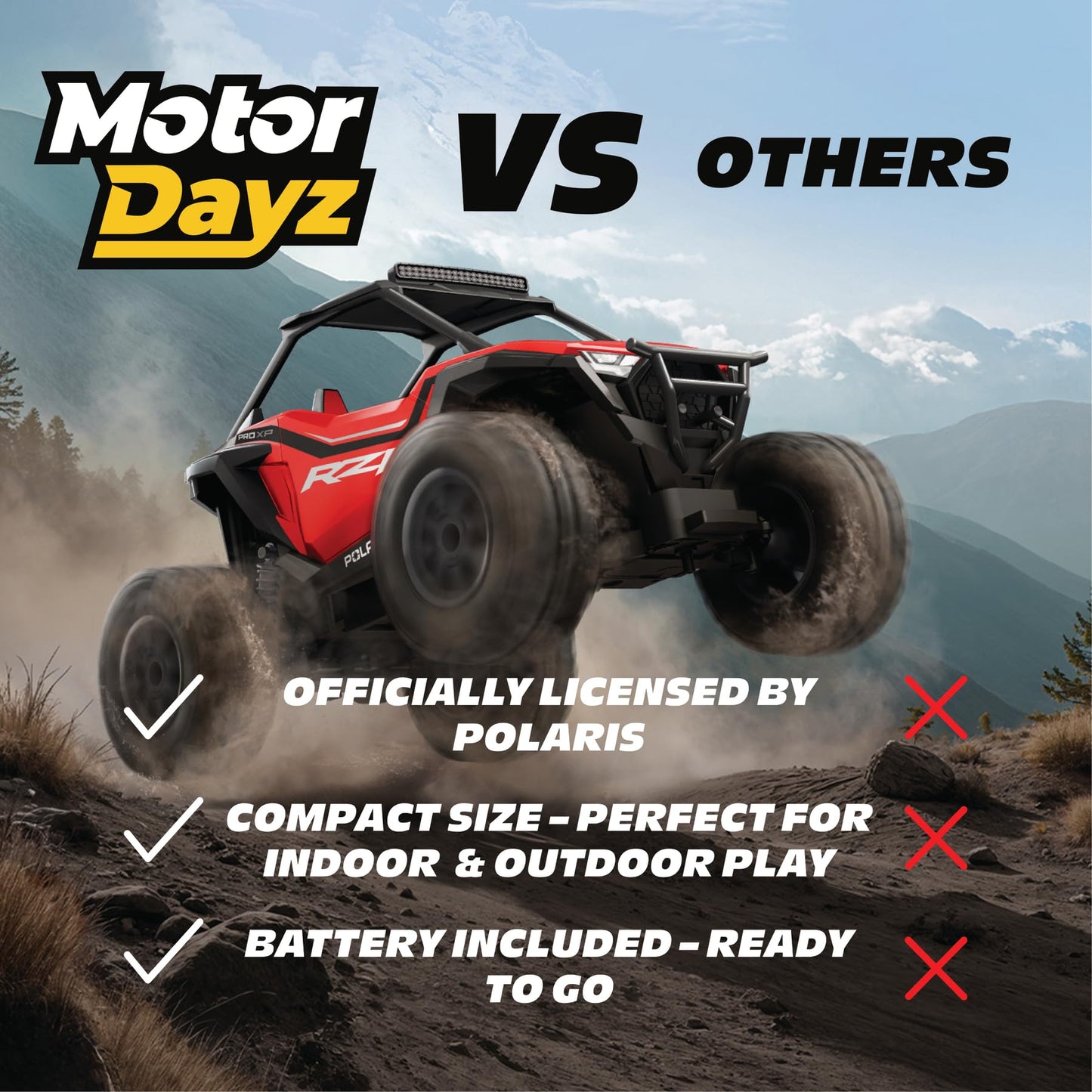 Motor Dayz Polaris RZR Remote Control UTV – 1:14 Scale 2WD RC Car, Officially Licensed Polaris RZR, Full-Function 2.4GHz Radio Control, USB Rechargeable, Ready to Run, Red