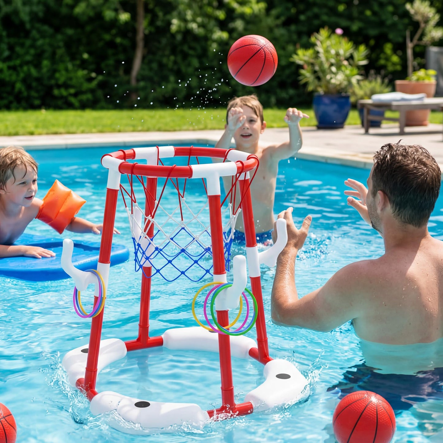 AIBEIQITOY Pool Basketball Hoop for Kids 4-8 8-12, 2 in1 Floating Basketball Hoop Set with 4 Balls,12 Rings&Pump, Swimming Pool Basketball Water Toys for Summer Outdoor Family Party Game Toys