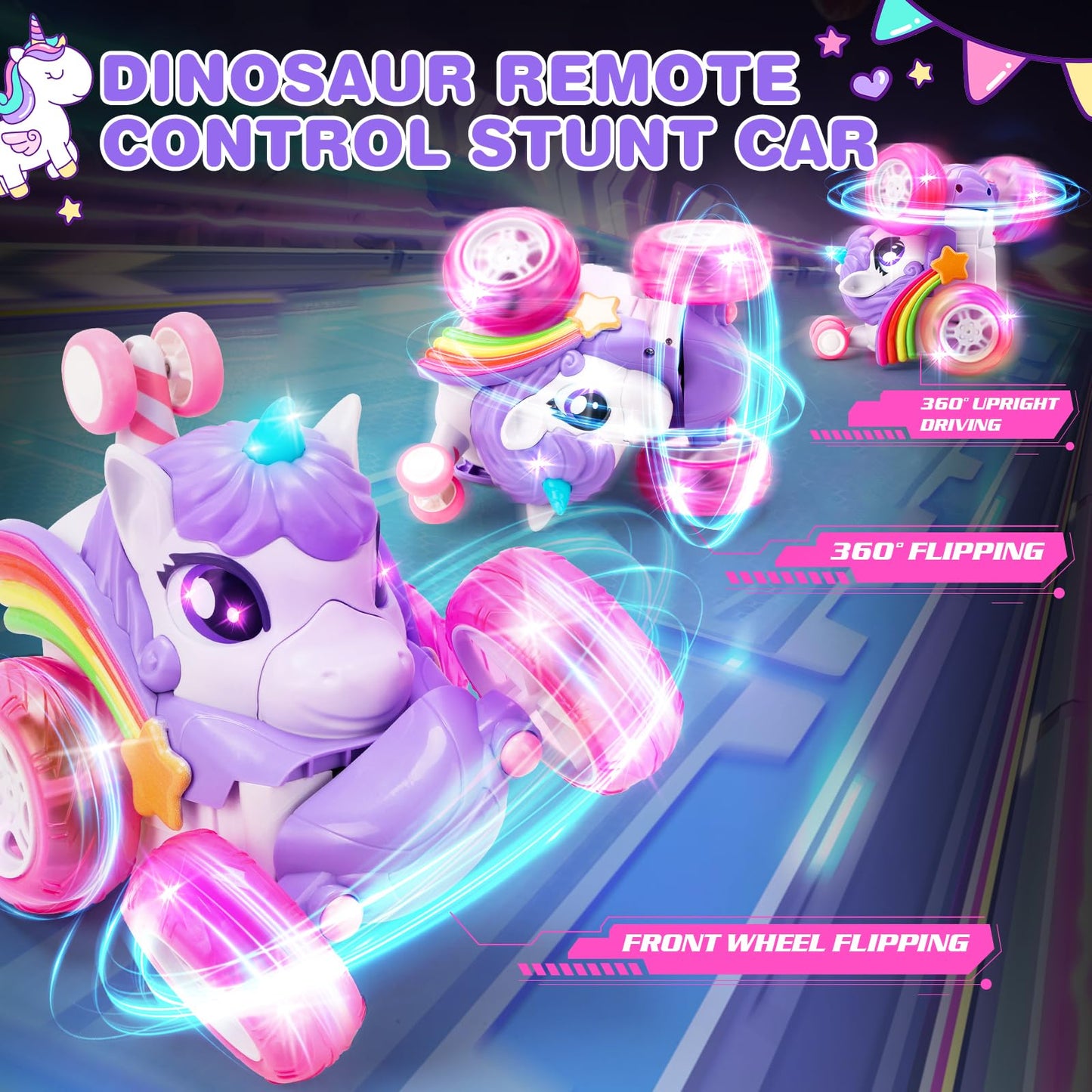 RUIDYA Unicorn Remote Control Car for Girls, 360°Rotating 4WD Stunt RC Cars for Boys with Lights, 2.4GHz Rechargeable Car Toys Gift for Toddler Kid Age 3 4 5 6+