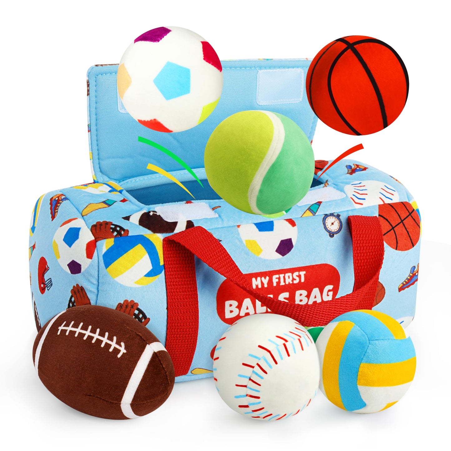 Vanmor Sensory Sports Balls for Babies 6-12M+, 6 Pack Machine Washable Plush Ball Set with Crinkle, Rattles, Squeaky Sounds, Toddler Learning Toys with Travel Bag, Baby Shower Birthday for Newborn