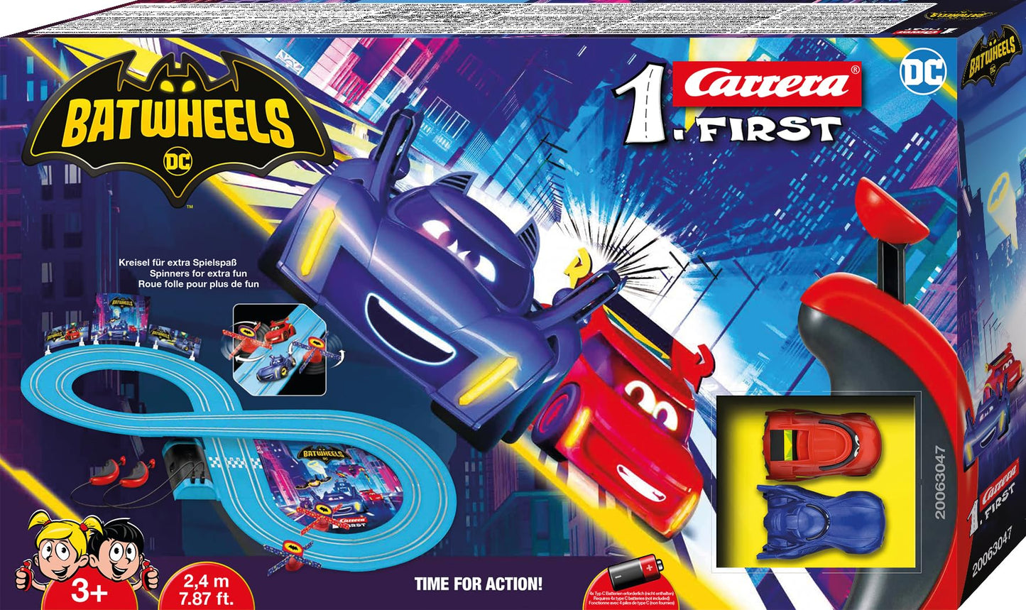 Carrera First Batwheels - Time for Action Slot Car Race Track with Spinners - Includes Bam and Redbird Cars - Battery-Powered Beginner Racing Set for Kids Ages 3 Years and Up