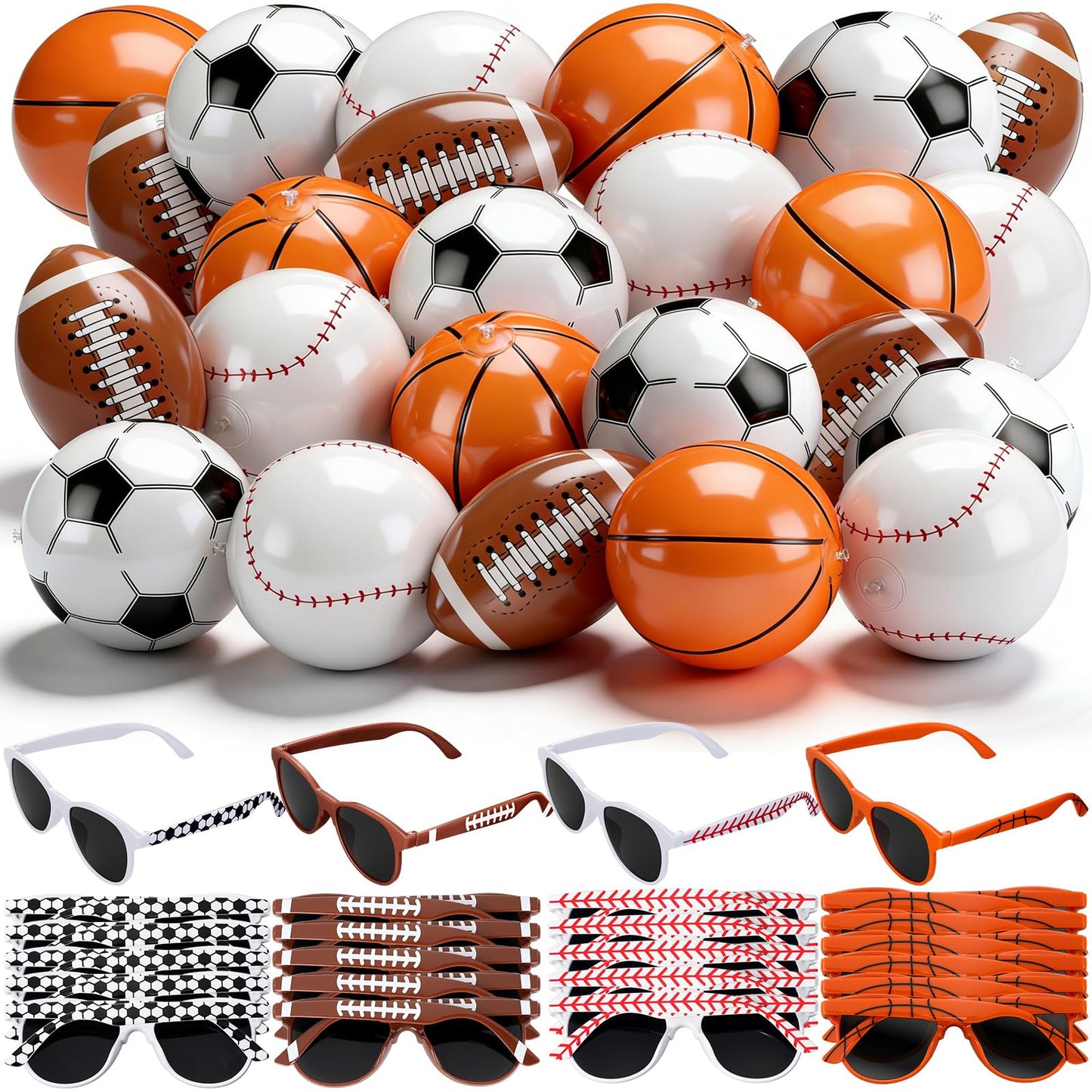 JolliLudo 48 Pcs Inflatable Sports Beach Balls wtih Glasses for Party Favors Variety Pack Basketball, Baseball, Football, Soccer Beach Balls Sports Themed Summer Pool Birthday Decorations