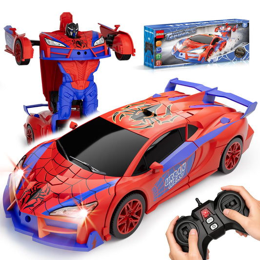 Qumcou Spider Toys for Boys 4-6, Remote Control Car, One-Button Transform Superhero Toys, 2.4Ghz RC Cars, 360° Spin,1:16 Scale, Shinning Red and Blue Light, Birthday Gifts for Boys, Boy Toys Age 6-8