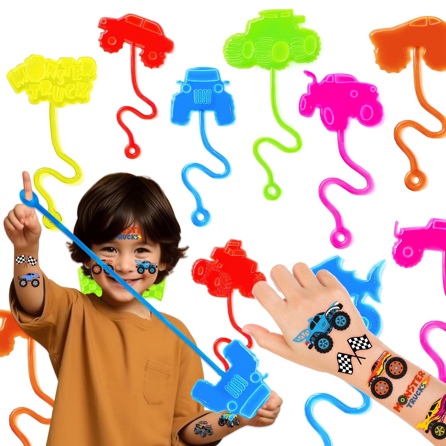 48PCS Monster Truck Party Favors - 24PCS Temporary Tattoos & 24PCS Stick Hands Party - Perfect Birthday Party Supplies, Goodie Bag Stuffers, Treasure Box Toys, Classroom Prizes, and Student Gifts