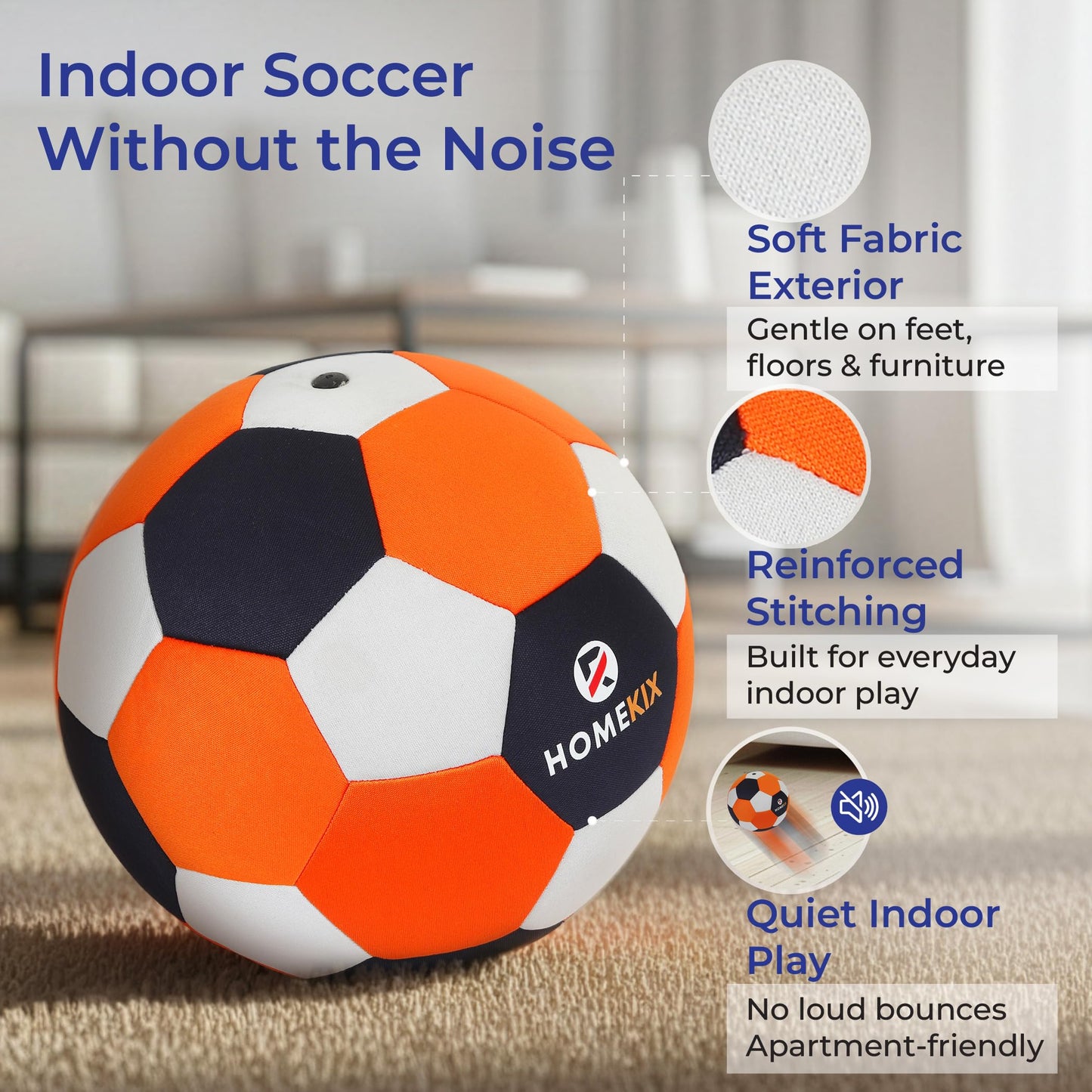 HomeKix Size 4 Indoor Soccer Ball – Soft Silent Foam Ball with Realistic Bounce for Kids Ages 3–12, Quiet Apartment-Friendly Home Practice, Dribbling & Juggling, Soccer Gift for Boys & Girls