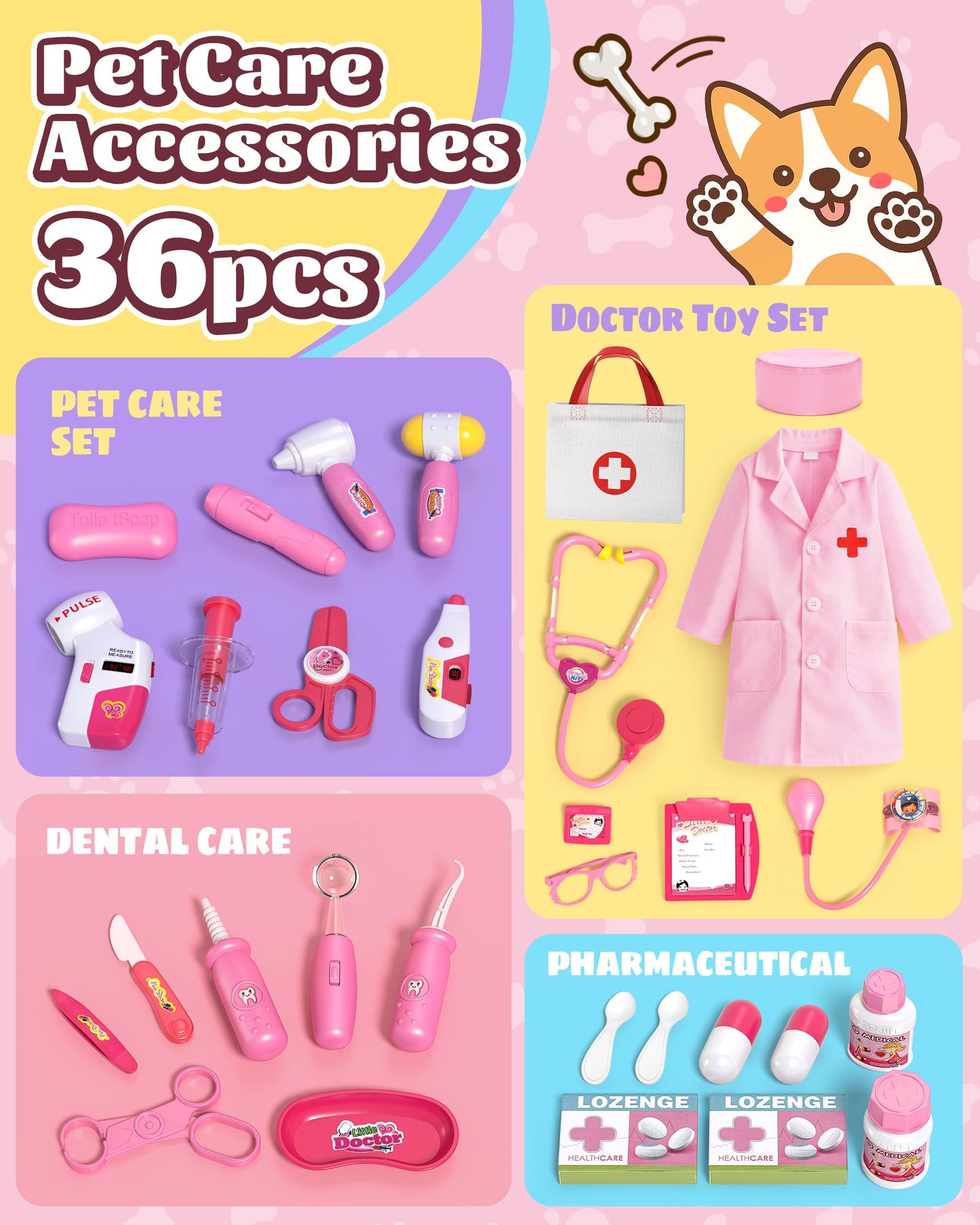 Pet Vet Kit for Kids with 2 Plush Pets (Dog & Cat) & Doctor Costume - 36Pcs Interactive Veterinarian Playset for Toddlers 3-5 to Overcome Fear of Doctors- Pretend Play Animal Hospital Toy Gift