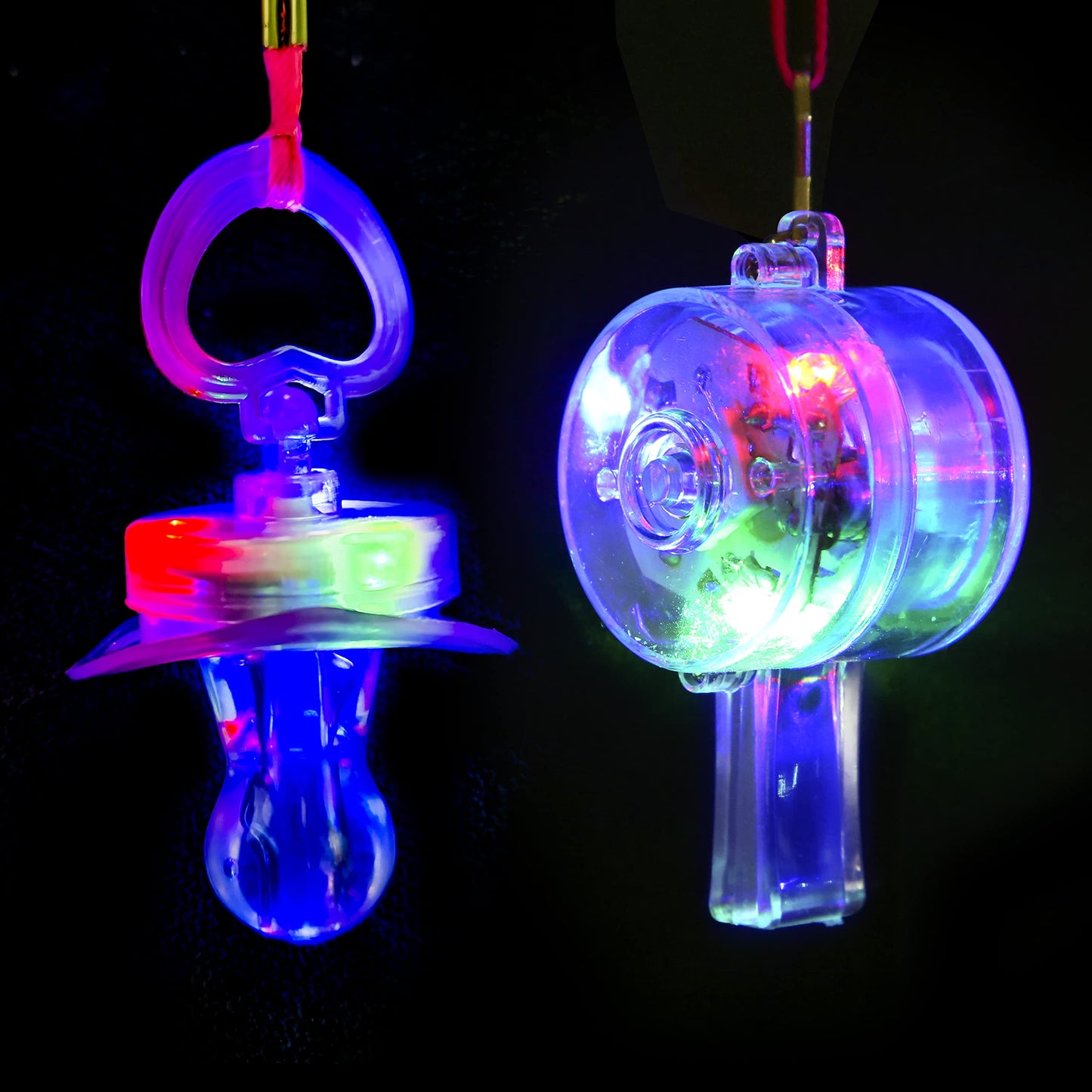 PROLOSO 20 PCS Light up Flashing Whistles Glow in the Dark Party Supplies Include 10 Pacifier Whistles and 10 Round Whistles with Lanyard