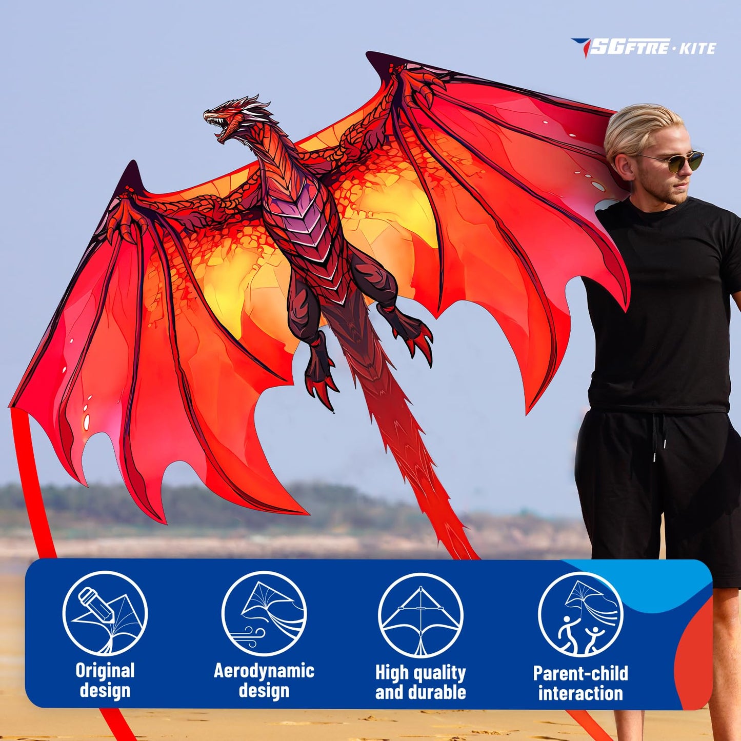 SGftre Complete Kite with Handle, Line & Accessories,Easy to Fly for Kids & Adults, Perfect for Beach, Park, Family Outdoor Activities (Speed Dragon Red, 1)