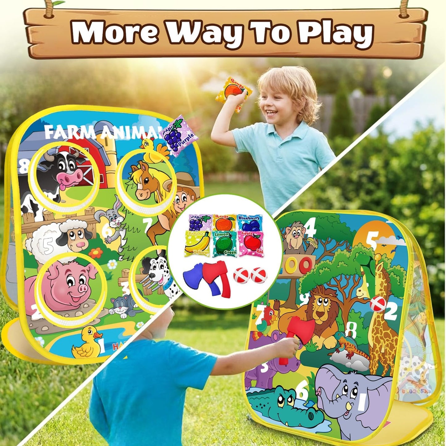 3-in-1 Farm Animal Bean Bag Toss Game for Boy Toddler Ages 3 4 5 Year Old, Cornhole Bags Set for 3-5 Preschool Kid, Outdoor Play Outside Toys in Backyard Lawn, Indoor Family Party Game, Birthday Gifts