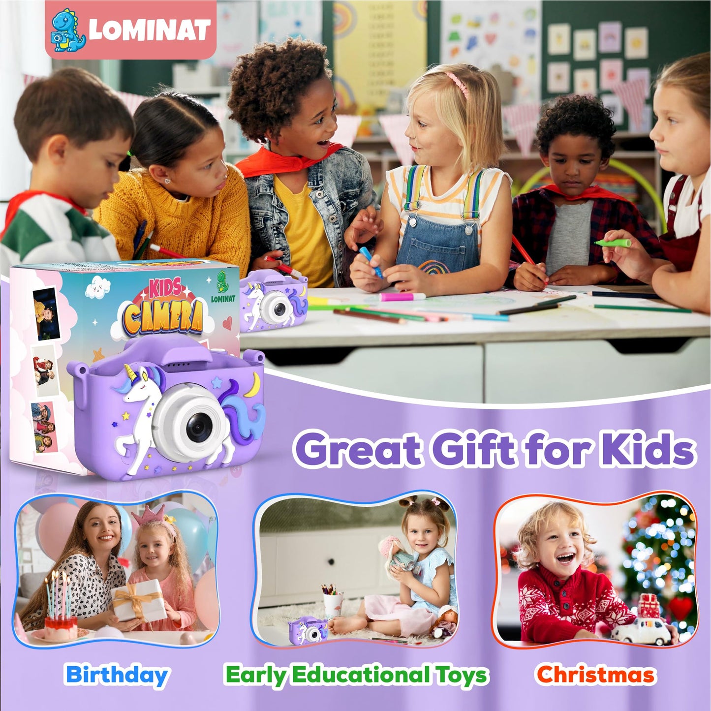 Unicorn Kids Camera for Girls Age 3-12, Selfie Camera for Girls 1080P HD Kids Video Camera – Christmas Birthday Toy for 3 4 5 6 7 8 Year Old Digital Camera for Toddlers with 32GB SD Card – Purple
