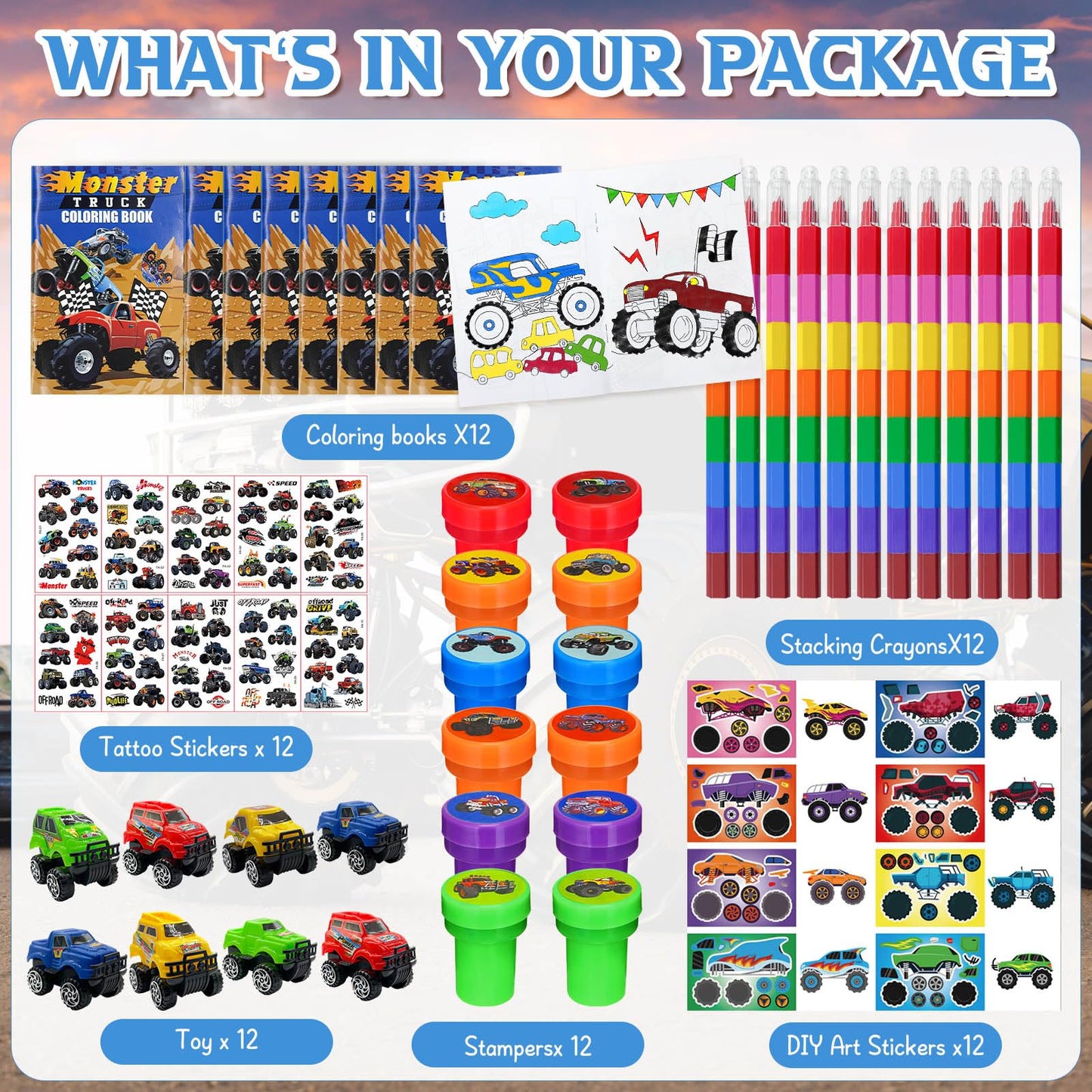 Cinrobiye 72 Pcs Monster Truck Party Favors Bulk, Truck Car Coloring Books with Crayons Stickers Stampers Goodie Bag Fillers, Race Car Birthday Supplies, Wheels Party Pinata Gifts