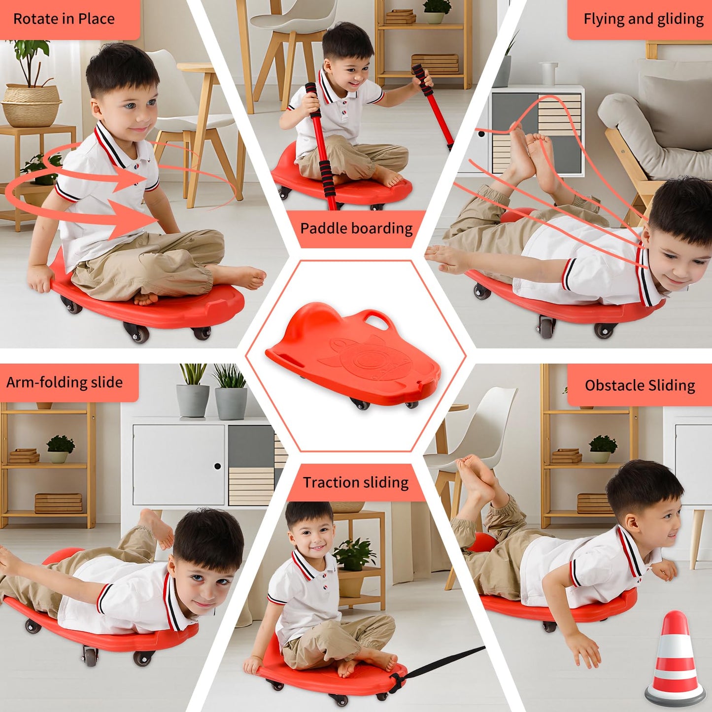 Large Scooter Board for Kids, Plastic Floor Scooter Board with 2 Paddles, 1 Rope, Handles, Buckle, 5 Wheels, Gym Scooters Boards for Indoor Outdoor Sports,Sensory Training (Red)