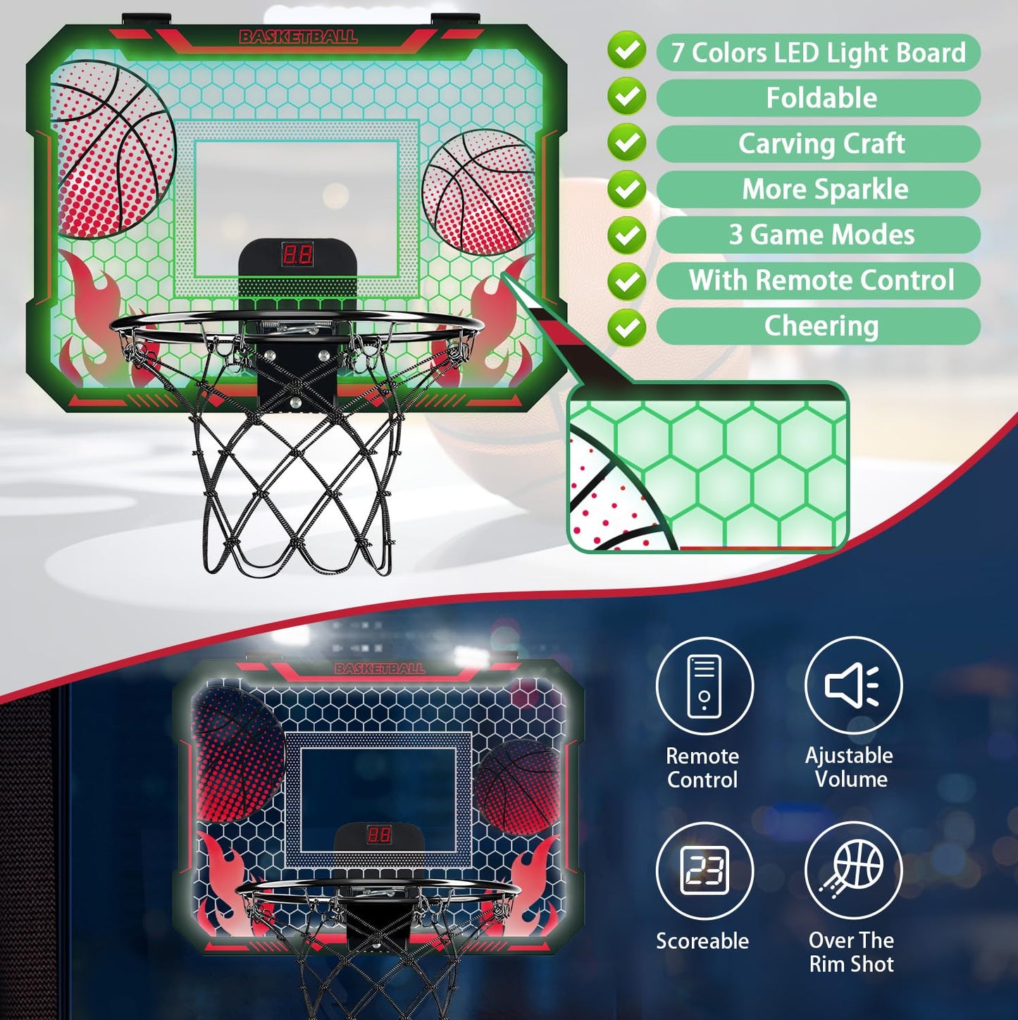 VROGTIK Indoor Basketball Hoop for Kids with Led Lights Mini Basketball Hoop with Remote Control Over The Door Basketball Hoops with Scoreboard Basketball Toys for 4-12 Year Old Boys Girls
