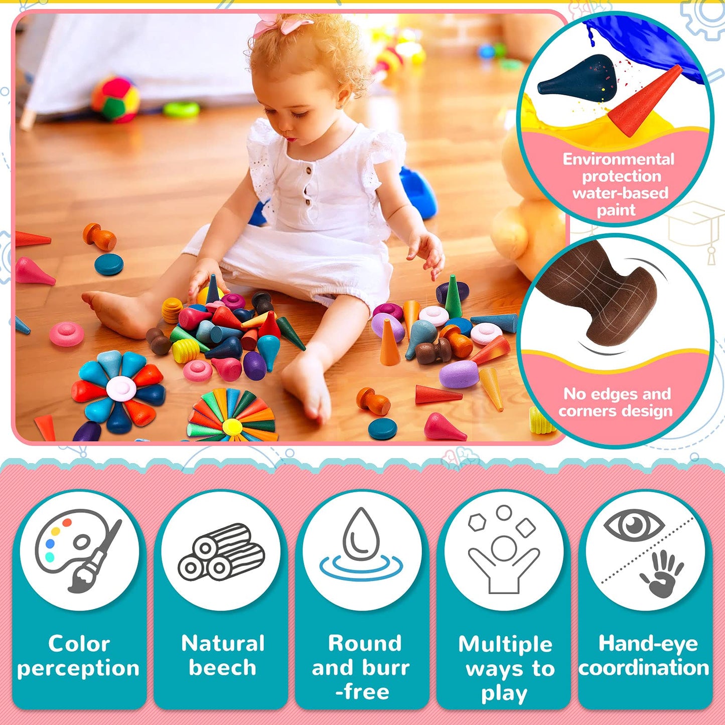 Chivao Loose Parts Play Materials Set Wooden Mandala Toys Kit Wood Sensory Play Toys 27 Rainbow Color 7 Shapes Loose Parts for Teens Students Early Learning Materials (81)