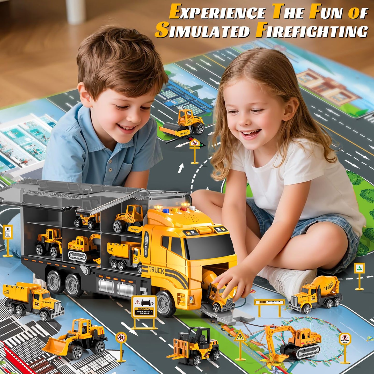 Toddler Boys Construction Truck Set: Construction for Boy 3 4 5 6 Years Old | with Play Mat and Die-Cast Toy Car | Birthday Gifts Toys for 3-8 Year Old Boys | Kids Toys Cars with Light and Sound