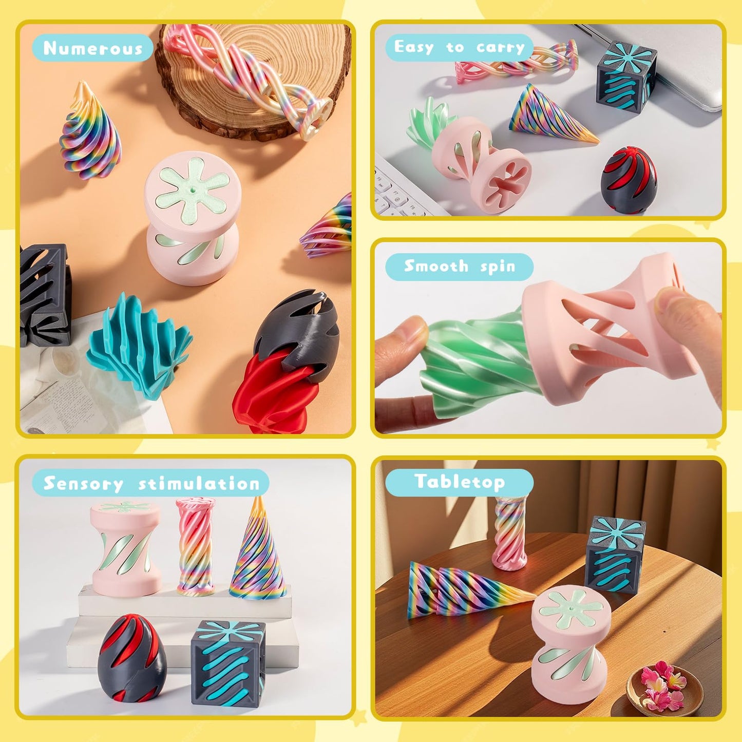 5 Pack Spiral Cone Cylinder Cube Fidget Toys 3D Printed Relief Fidget Impossible passthrough Impossible Cone,Birthday for Adults & Kids