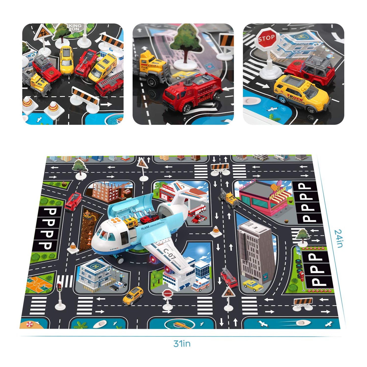 CUTE STONE Toy Airplane with Smoke, Lights & Sounds, Friction Powered Plane Toy with Mini Cars for Kids, Great Christ Gift for Boys and Girls