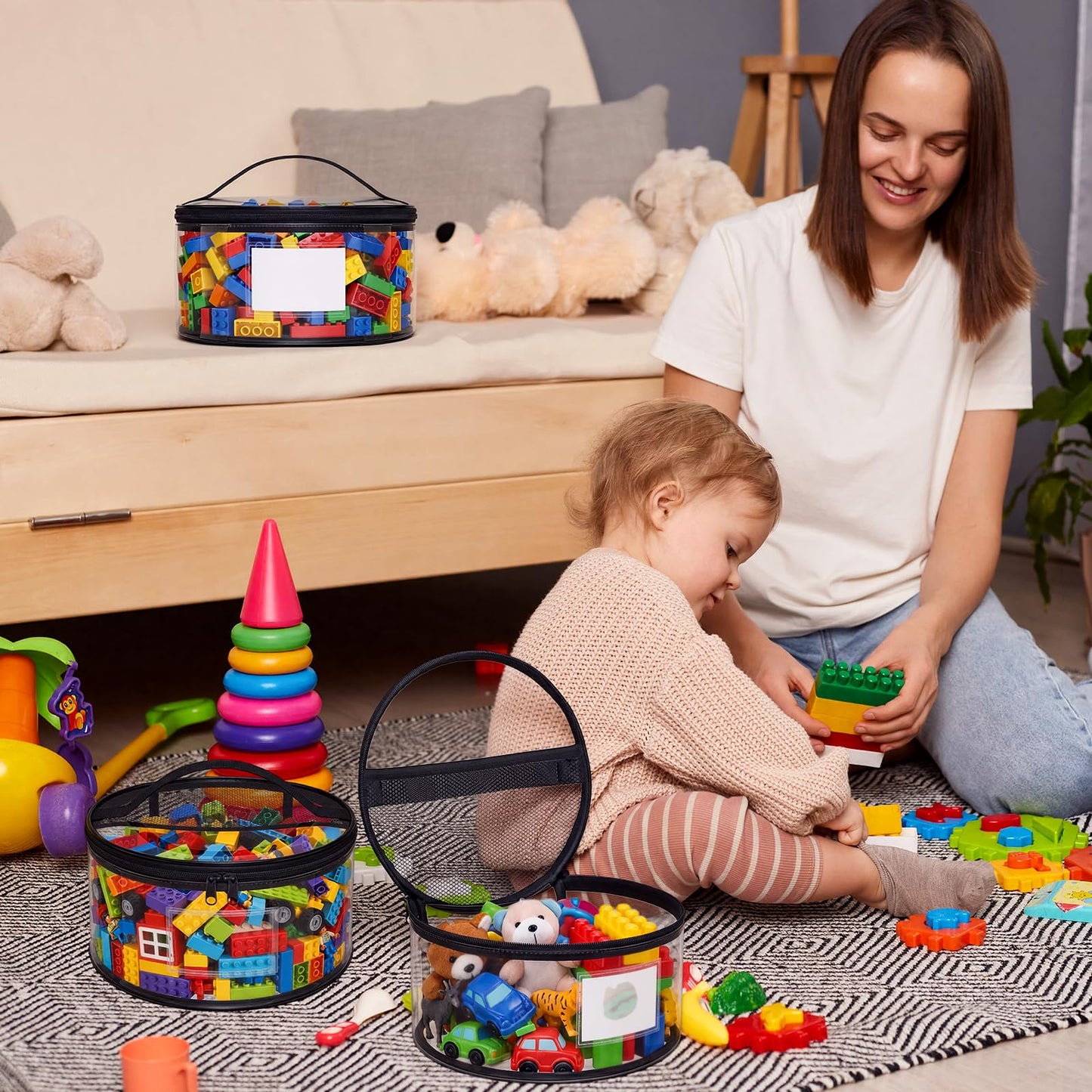 Sunnymove 6 Pcs Round Clear Toy Storage Bag with Handle PVC Cylinder Storage Bags with Label Pocket Waterproof Toys Organizer Bags for Building Blocks Puzzles & Game Pieces Portable Toy Tote