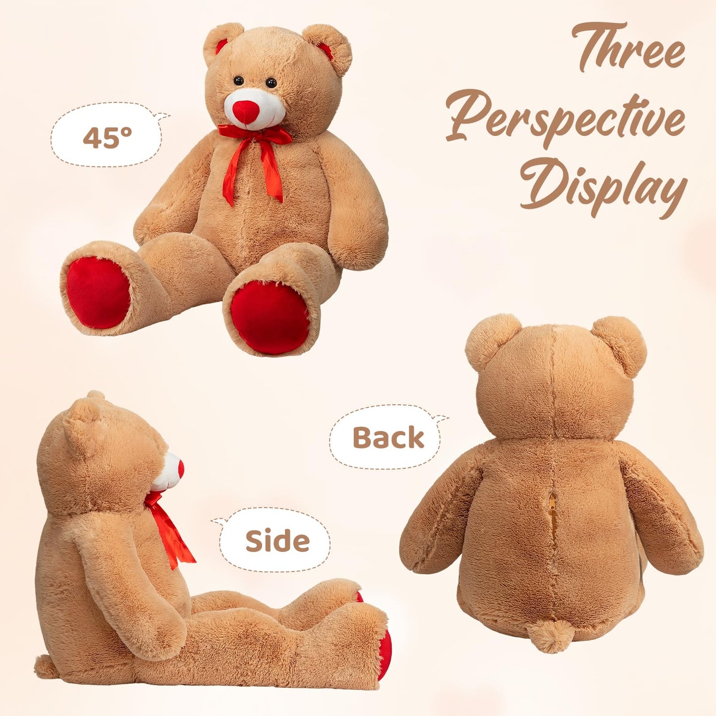 WENMOTDY Giant Teddy Bear 4ft Stuffed Animal Big Teddy Bear Plush with Red Ribbon Bow and Paw Pads Plush Toy for Girlfriend Lover Mom Kids Anniversary Valentines Birthdays Gifts 48 inch Tan