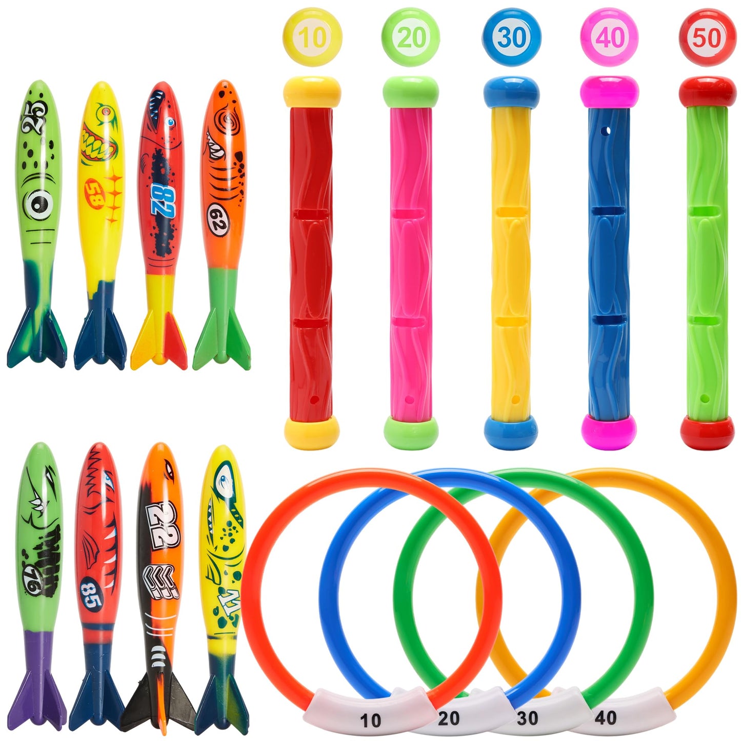 PARENTSWELL 17 Pcs Pool Diving Toys for Kids Adults, Swimming Pool Toy Set Includes 8 Dive Torpedos, 5 Diving Sticks & 4 Diving Rings for Swim Pool Games, Water Fun Games