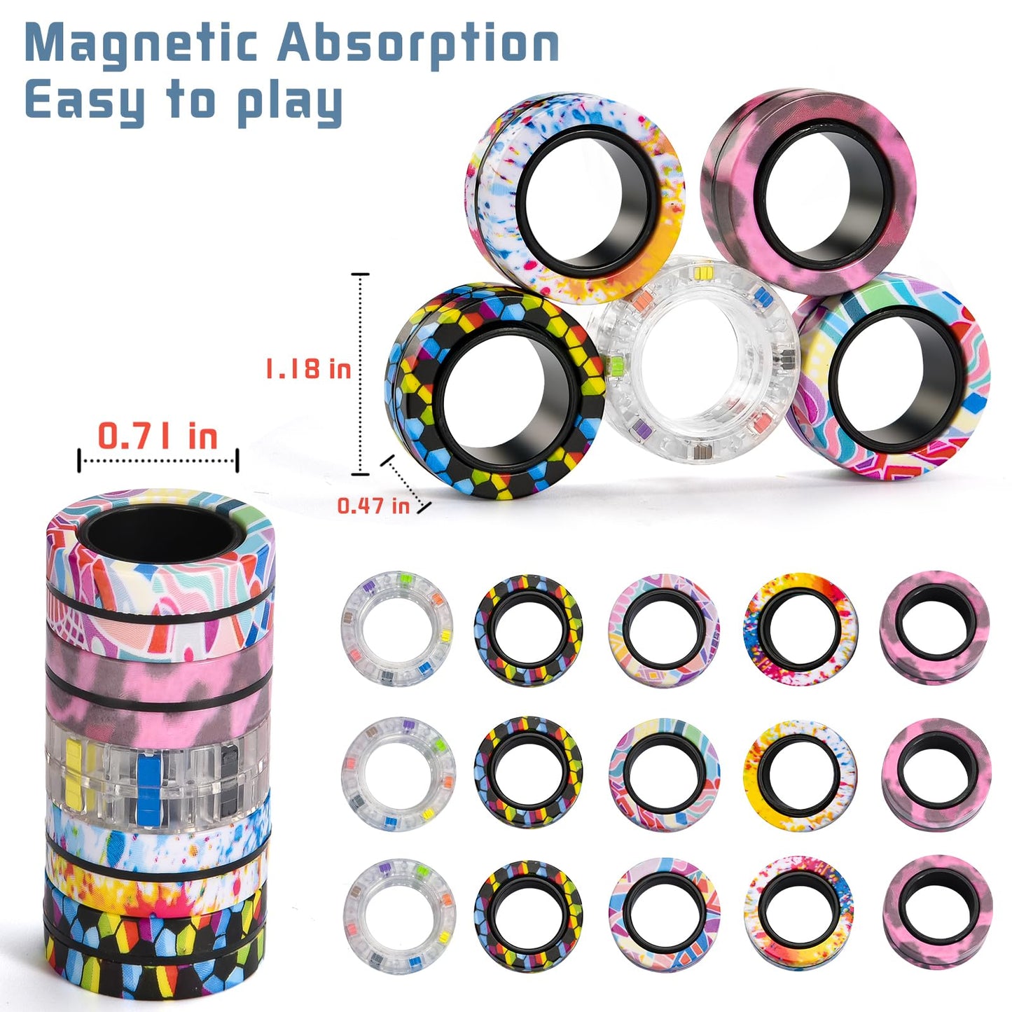 15PCS Magnetic Rings Fidget Toys for Adults,Party Favors Stocking Stuffers for Teens Boy for Teens Boy,Fidget Spinner Rings for Anxiety Relief Therapy Toys Ages 8-13, for Girls