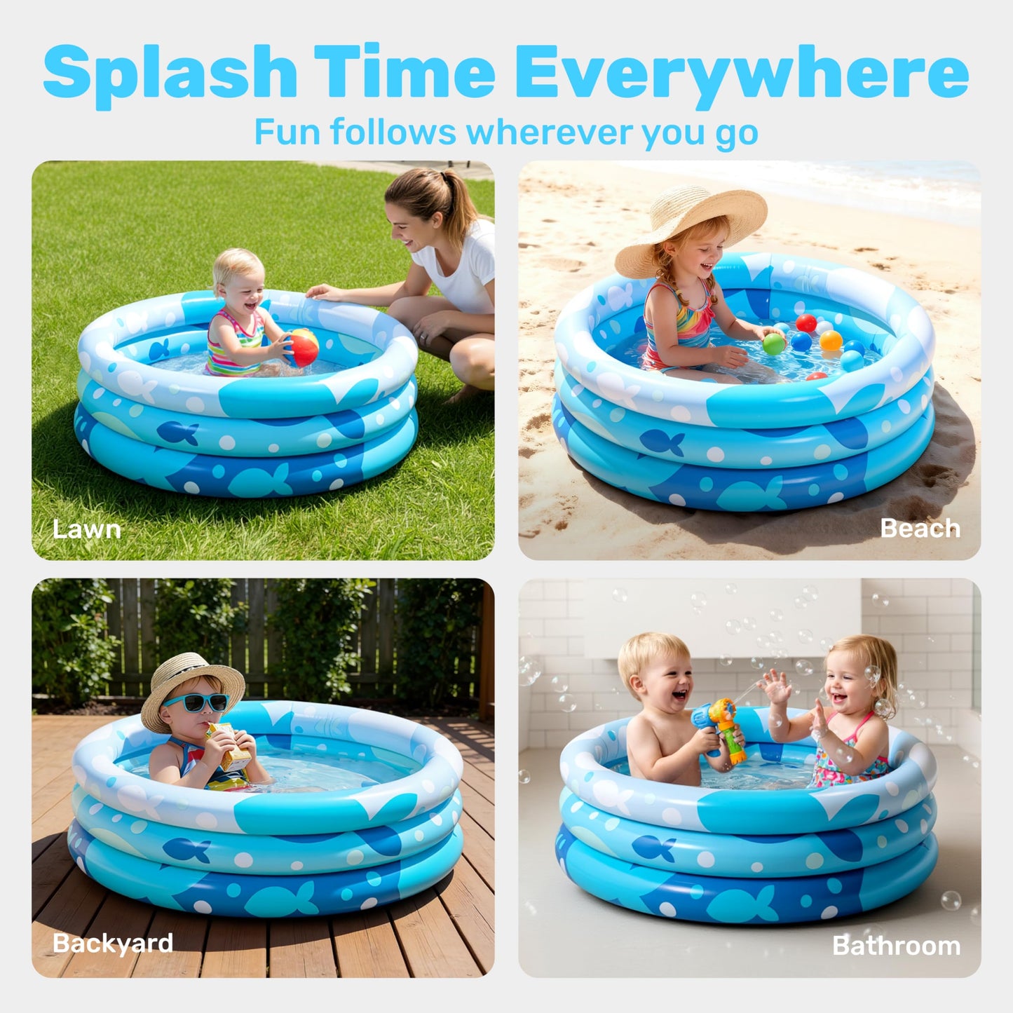 Sloosh Inflatable Kiddie Pool, 34"x10" Blow Up Kid Swimming Pool,3 Rings Blue Baby Pool for Toddler,Play Pit for Dog with Geometric Pattern for Summer Water Party Backyard Garden(Fish)