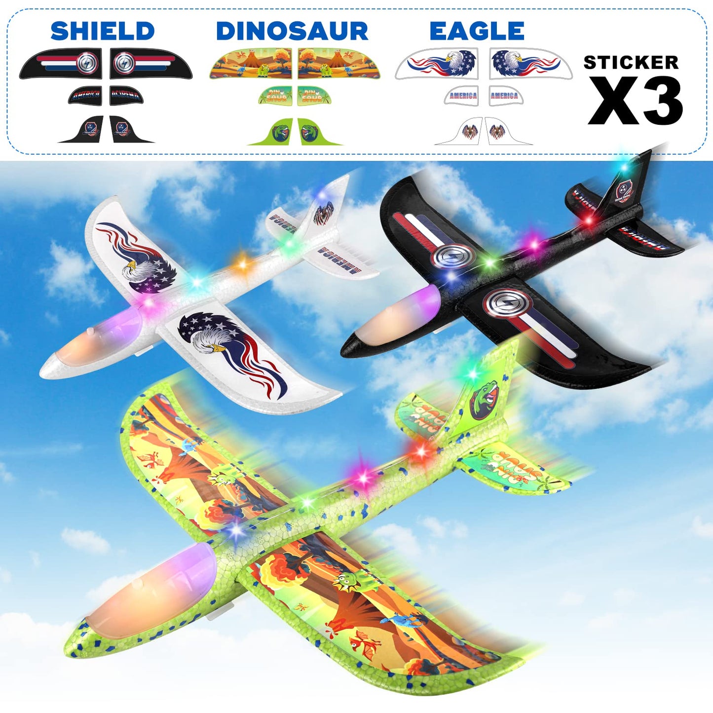 Onysurui 3 Pack Airplane Launcher Toy, 12.6" Foam 2 Flight Mode Led Plane Catapult Boy Toys with 3 DIY Stickers, Outdoor Flying Toys for Kids Gifts for 4 5 6 7 8 9 10 12 Year Old Boys Girls
