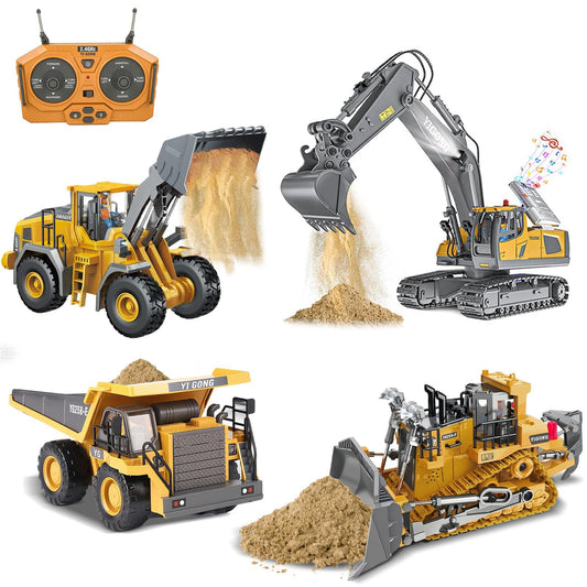 ADTHLIER Remote Control Excavator (11-Channel), Dump Truck, Bulldozer, Loader (9-Channel), 2.4GHz Remote Control Construction Vehicles, Metal Construction, with Cool Lights and Sound Effects, 4-Pcs