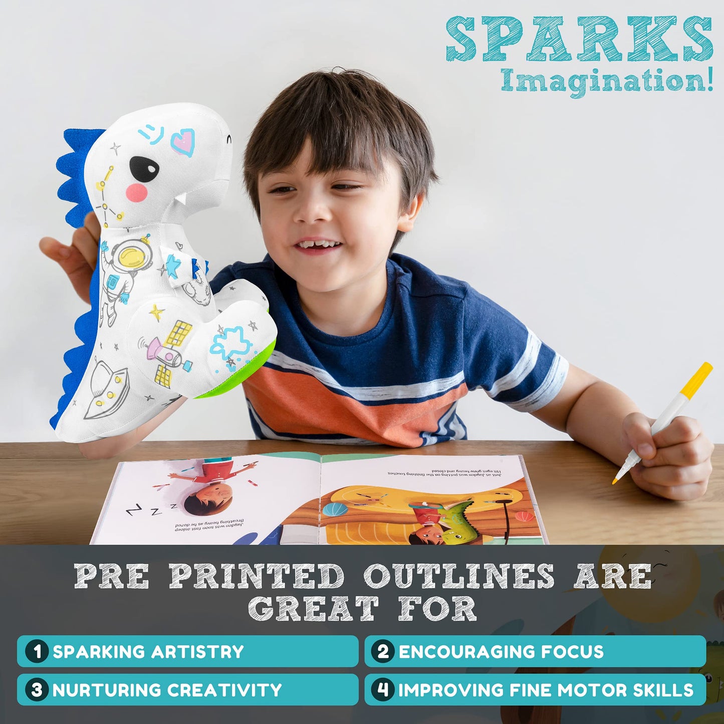 T-Rex Plush Dinosaur Coloring Book Gift Set, Arts and Crafts Soft DIY Washable Dino Doodle Doll Stuffed Animal Toy, Painting Craft Kit Toys, Play Dinosaur Gifts for Kids Boys and Girls Ages 3-5 5-7