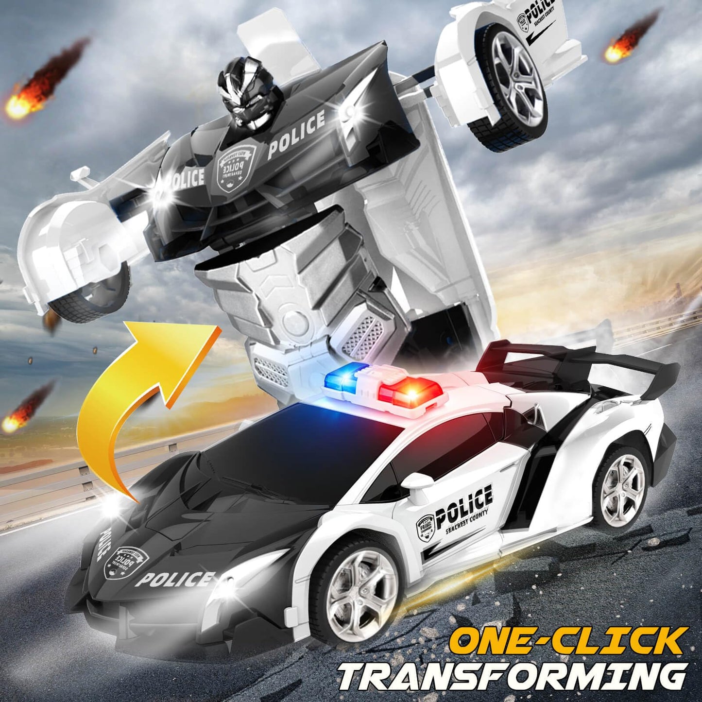 Dolanus Remote Control Police Car - RC Car Transform Robot, Flashing Light, 2.4Ghz, 360 Degree Rotating, Toys for Ages 5-7, Kids Toys, Birthday Gifts for 3 4 5 6 7 8 10 12 Years Old Boy (Black)