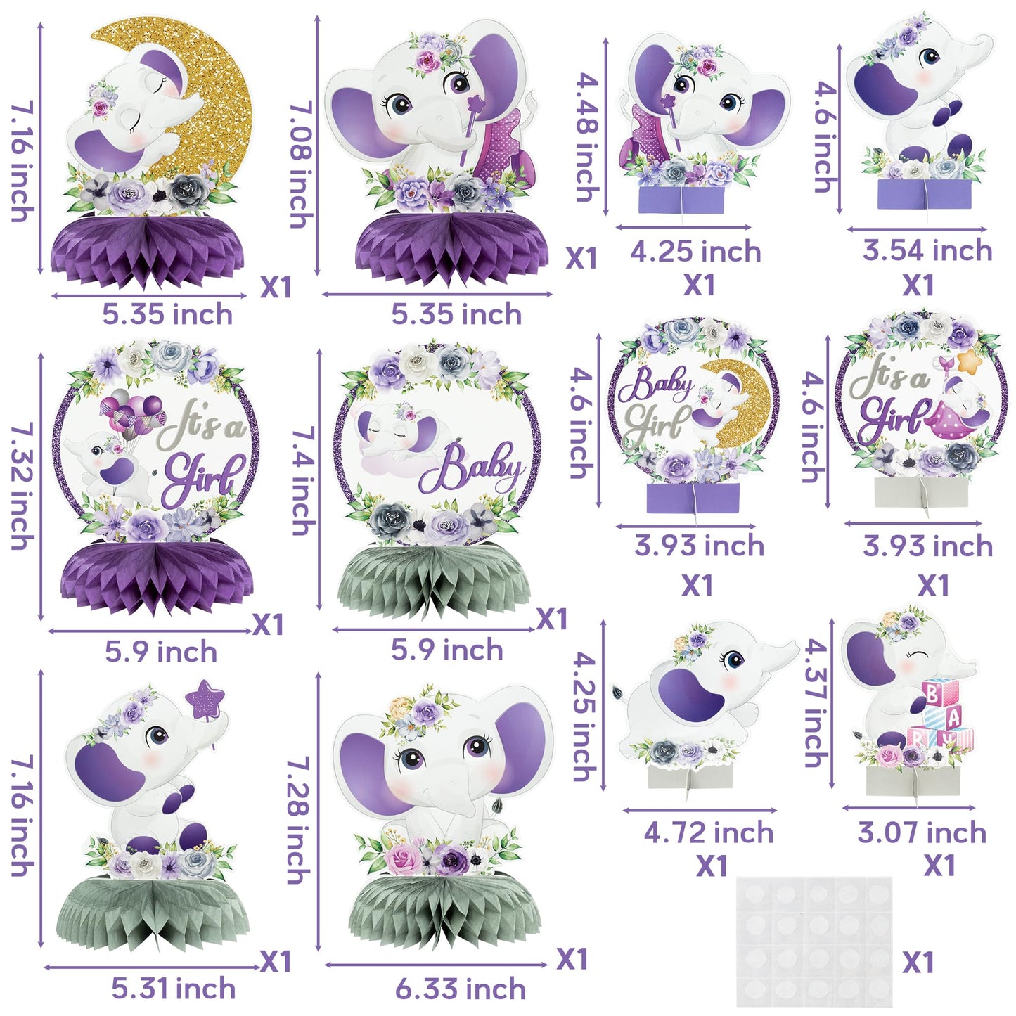 12 Pcs Purple Floral Elephant Honeycomb Centerpieces - Girl Baby Shower Party Table Decorations - Welcome Baby Party Table Toppers - Photo Props Decor