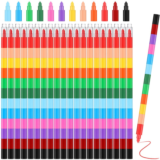 Marspark 20 Pcs Stackable Crayons Stacking Buildable Crayons Colorful Stackable Pencils Party Favors DIY Rainbow Pencil for School Office Birthday Party, 12 Colors(Vivid Color,Flat)