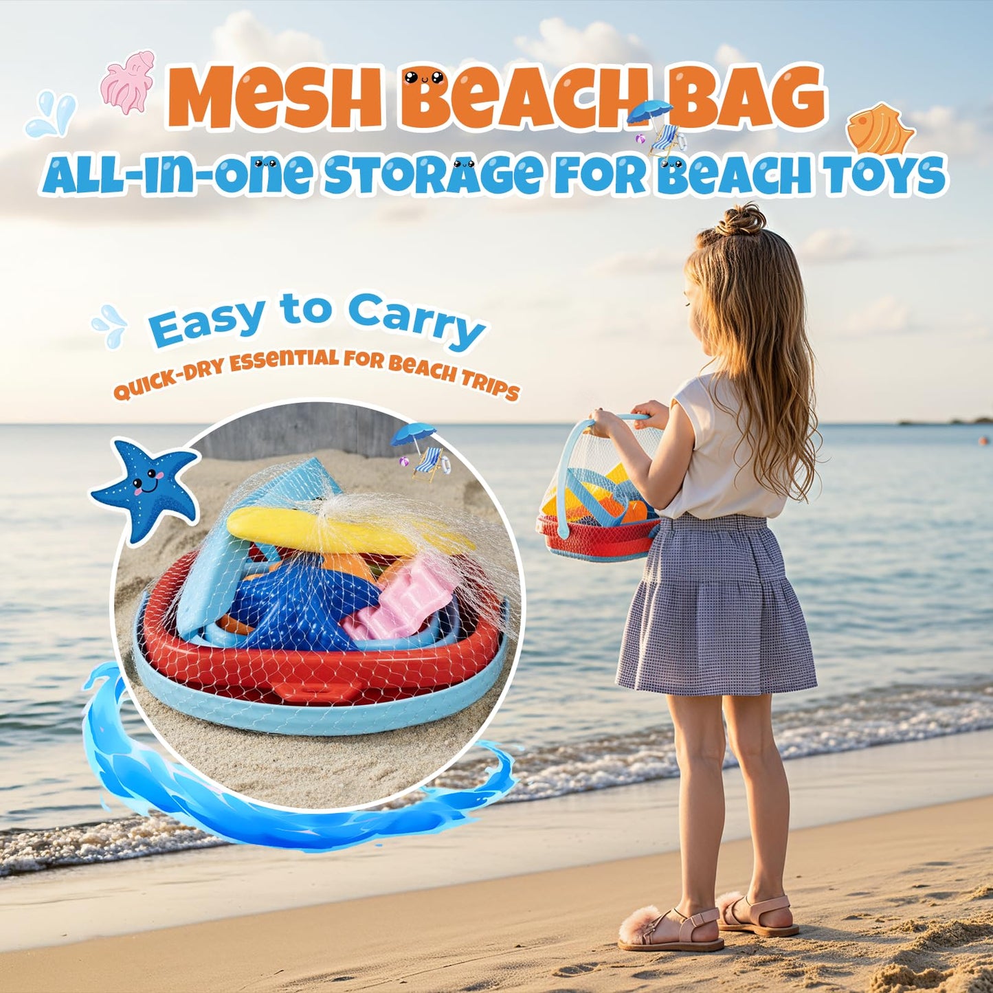 Cozycharm Beach Sand Toys Set for Toddlers, Portable Travel Beach Toys with Collapsible Bucket, Shovel, Rake, 3 Molds & Mesh Storage Bag for Kids, Summer Gift