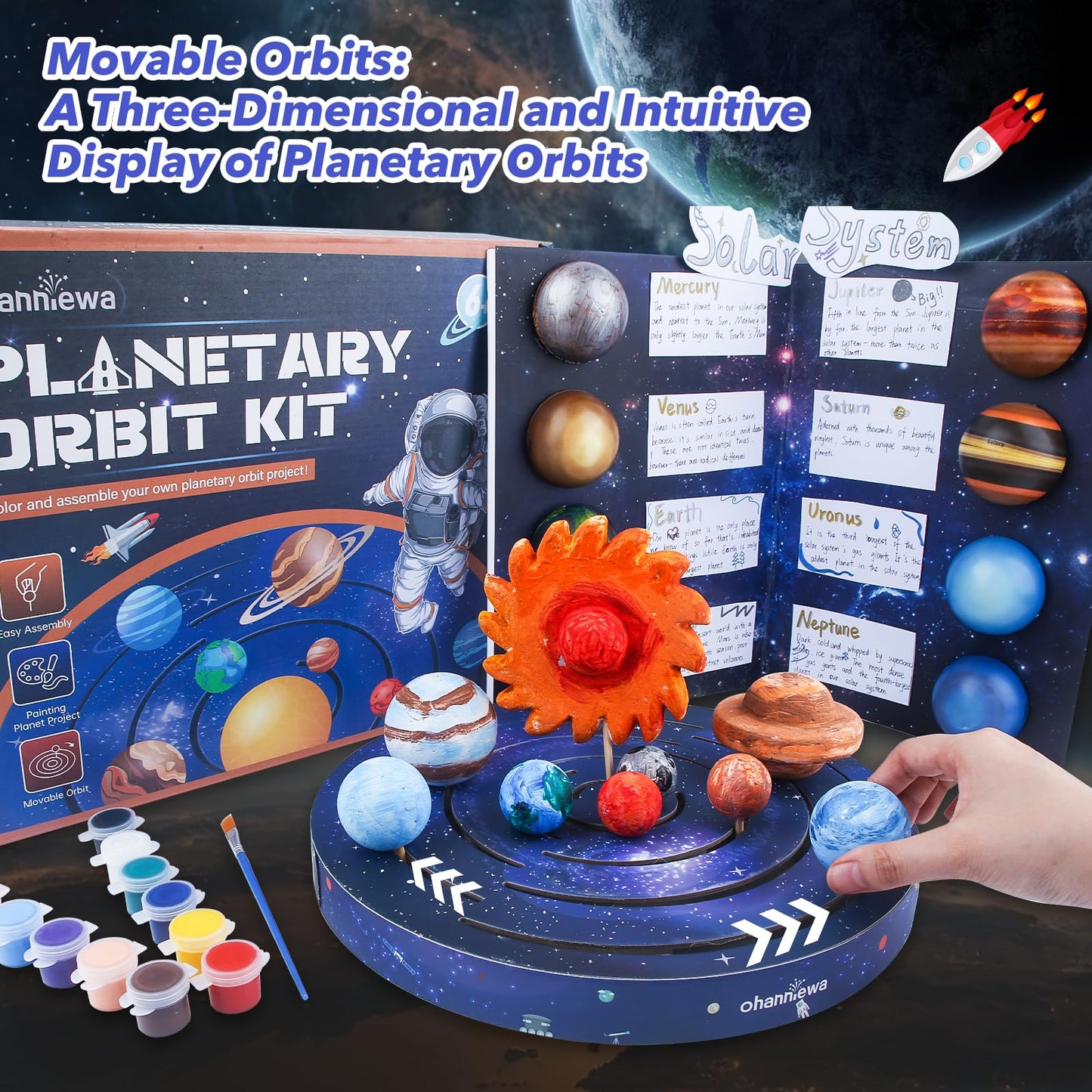 Ohanniewa Solar System Project Kit for Kids, Mixed Sized Foam Balls, Painting Tools and Disc Planetary Orbits, DIY Planets Model for Kids, Stem Toy for Boys and Girls