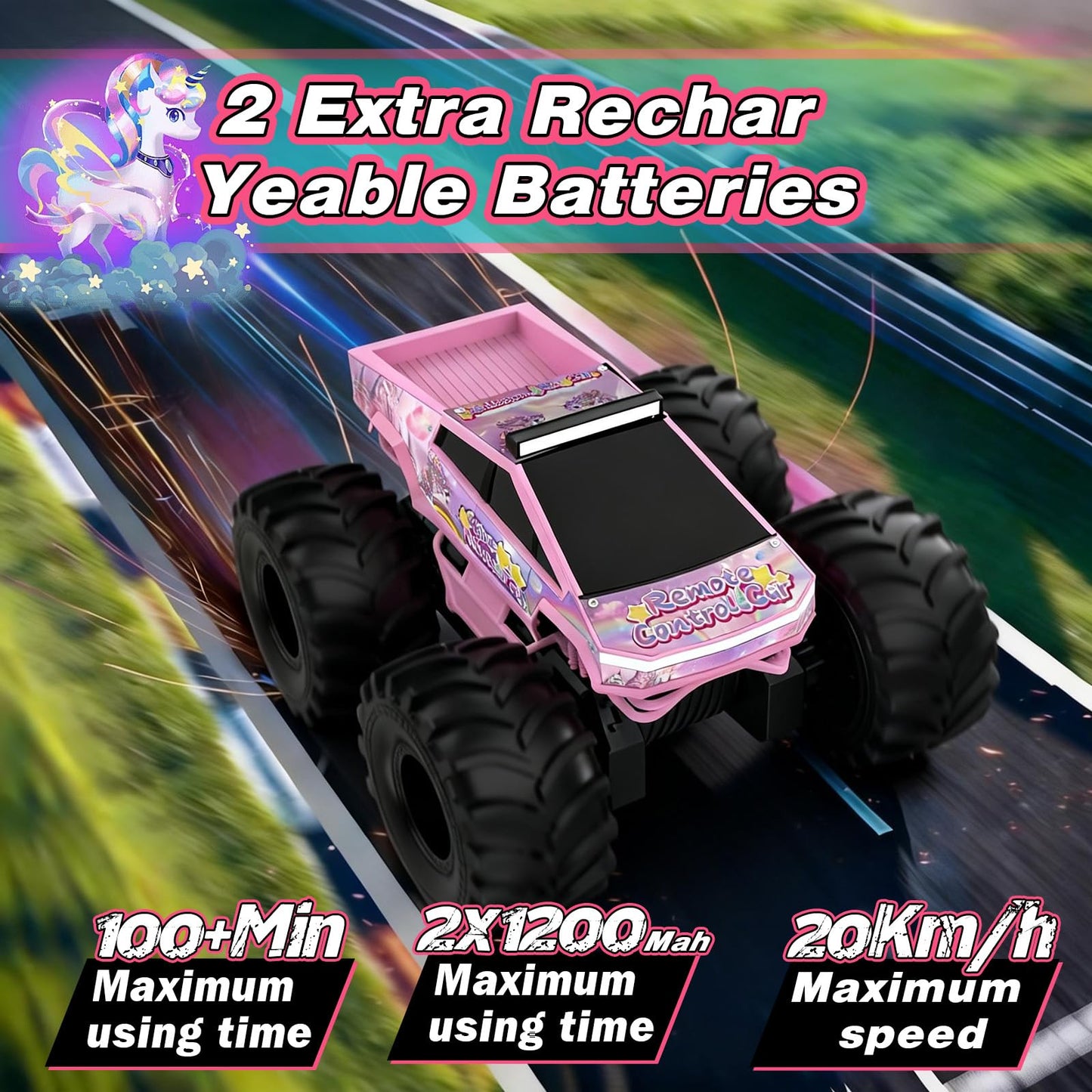 Cokzer Unicorn Cyber Truck Remote Control Car, 1:18 Girl Remote Control Car, 2.4 GHz Waterproof Amphibious RC Cars, 4WD All Terrain Off-Road Pickup for Girls Christmas Birthday Gifts Ages 6+ (Pink)