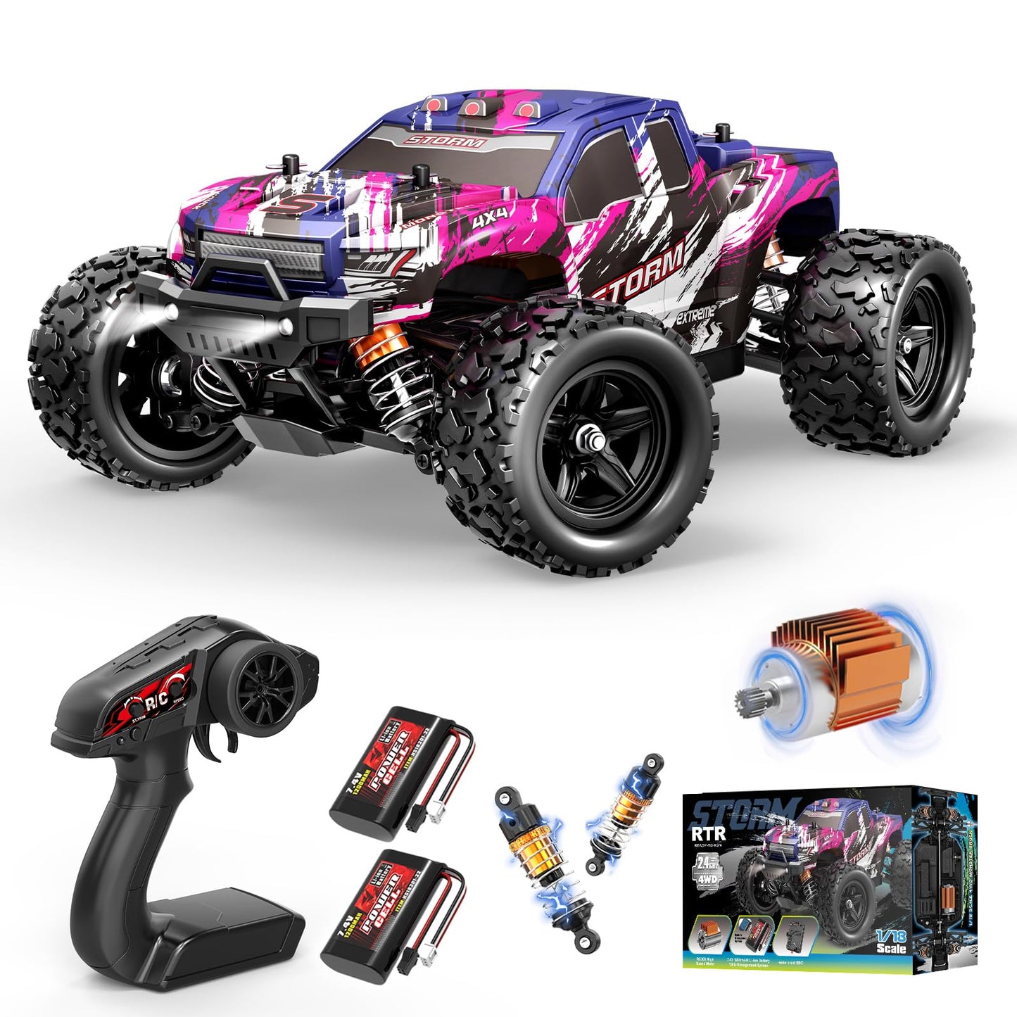 Pink Remote Control Car for Girls, Fast rc Cars for Girls 1:18 Scale Monster Truck with 40+ KM/H Speed 4WD Off-Road RC Truck, Dual Rechargeable Batteries, toys for 8 9 10 11 12 year old girl gifts