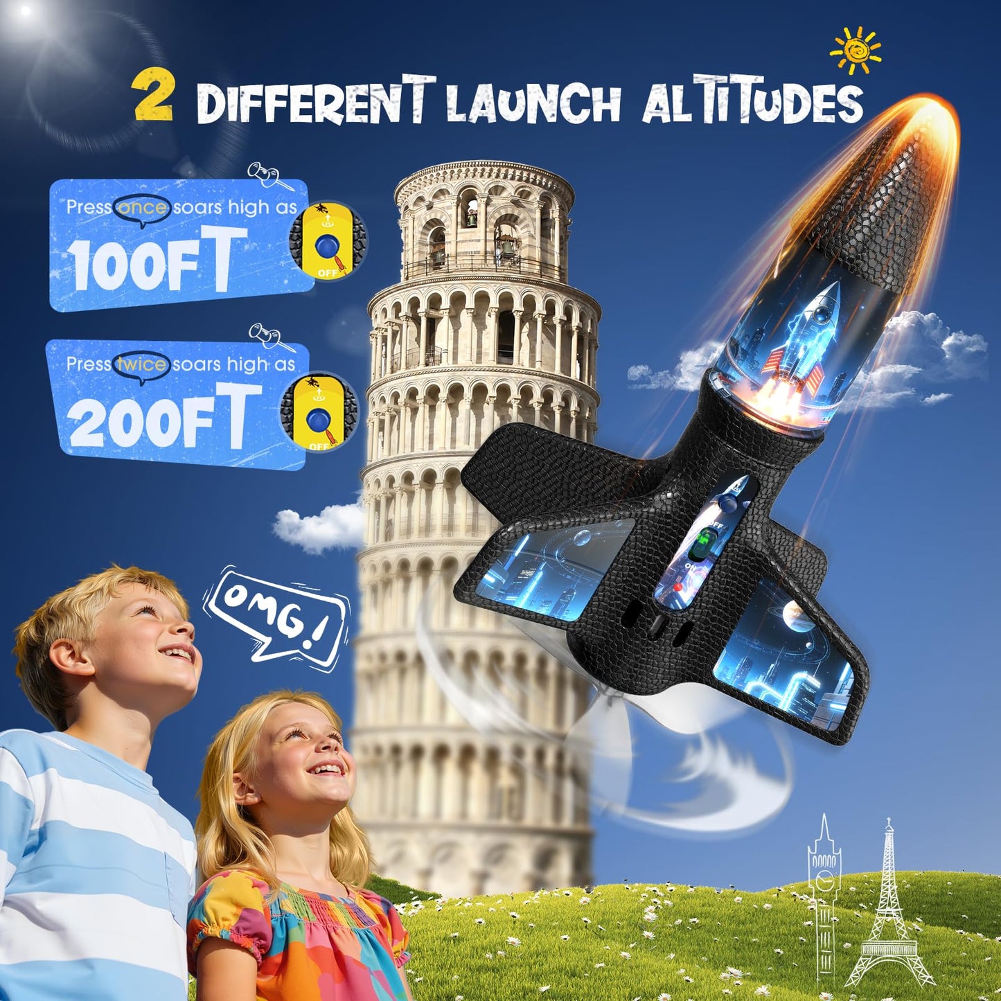 ZeroPhear Rocket Launcher for Kids, 200 ft Self Launching Motorized Rocket Toy with LED and Safety Parachute Land, 2-Altitude Launch, USB Rechargeable, Outdoor Toys Gift for Boys Ages 8-13 (Bule)
