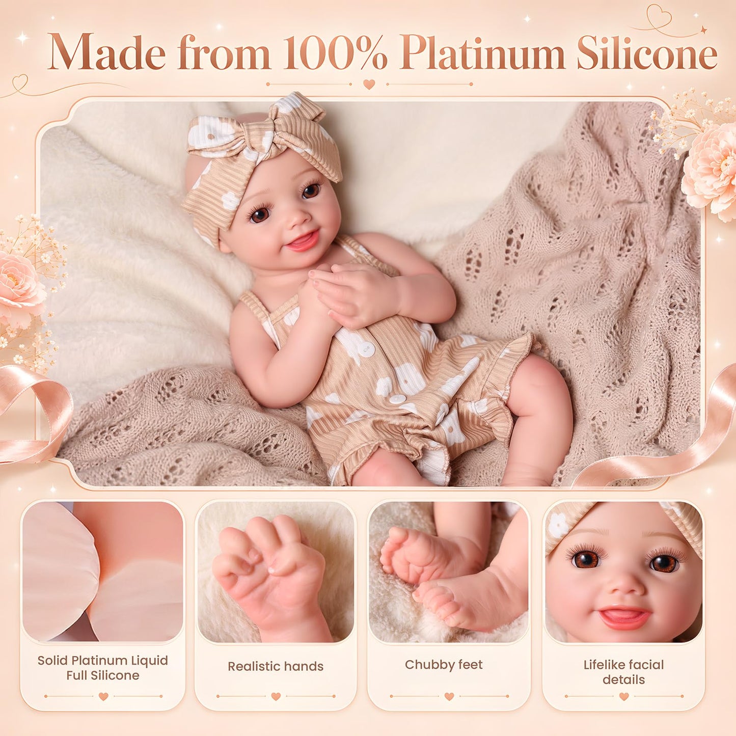 BABESIDE Reborn Baby Dolls Silicone Full Body - 16 Inch Silicone Baby Doll, Realistic Baby Doll Girl with Lifelike Details, Soft Full Body Gift for Girls Ages 3+