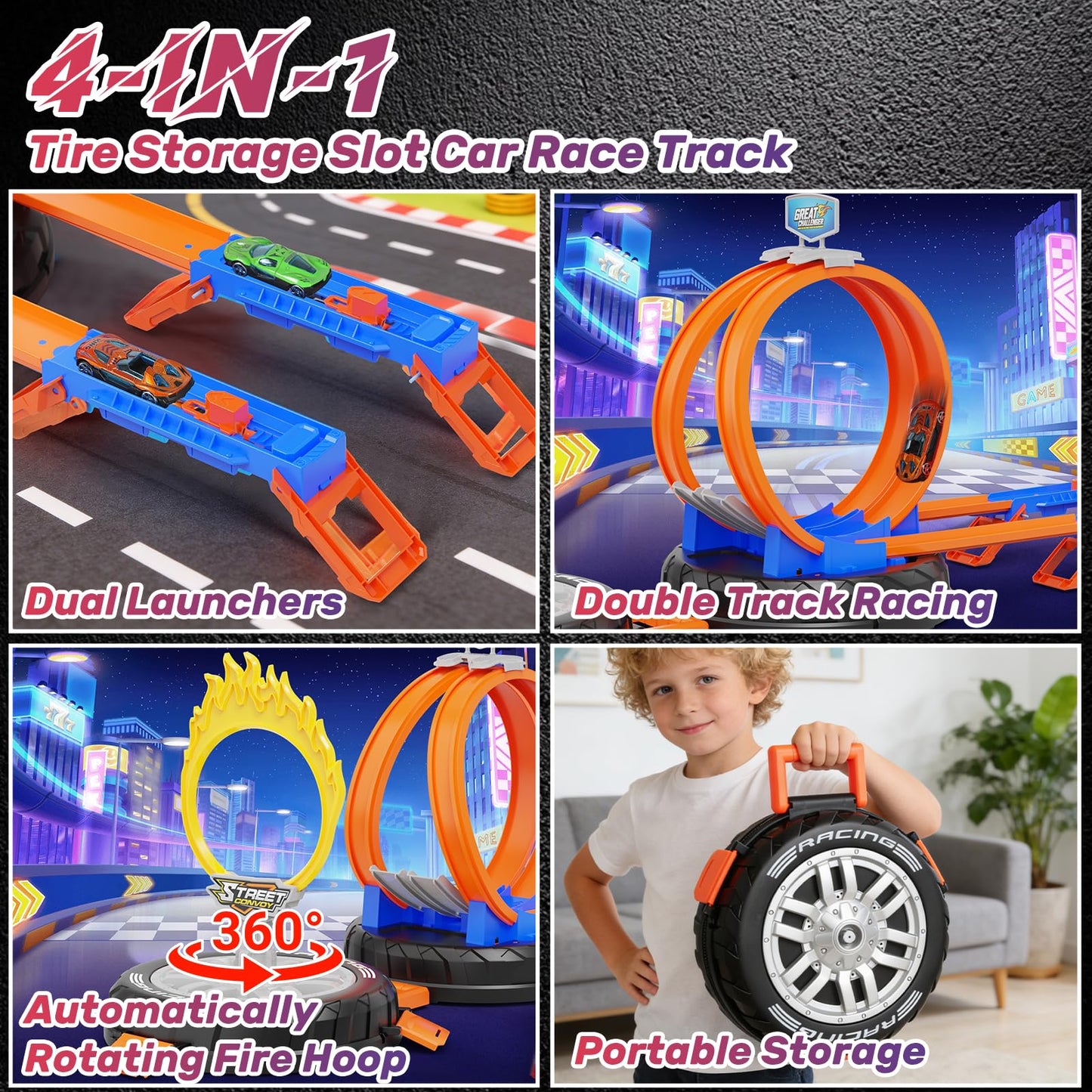 Toy Car Race Track Set for Kids Ages 4-8, Stunt Tire-Shaped Case Transforms into Race Course, 6 Cars in 1:64 Scale, 2 Ways to Play, Action Loop Cyclone Challenge & Speed Snap Track